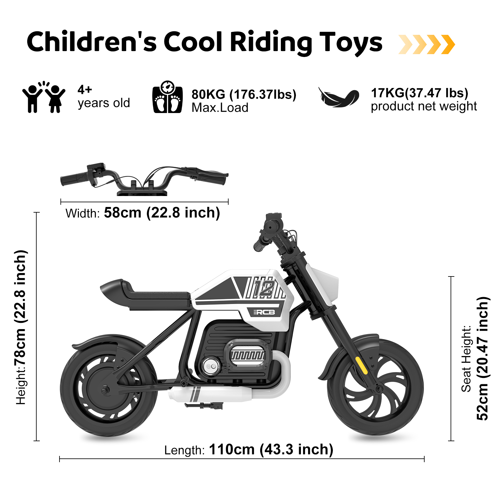 Een wit en zwarte speelgoedmotor met afmetingen en gewichtsdetails, geschikt voor kinderen van 4+ jaar.