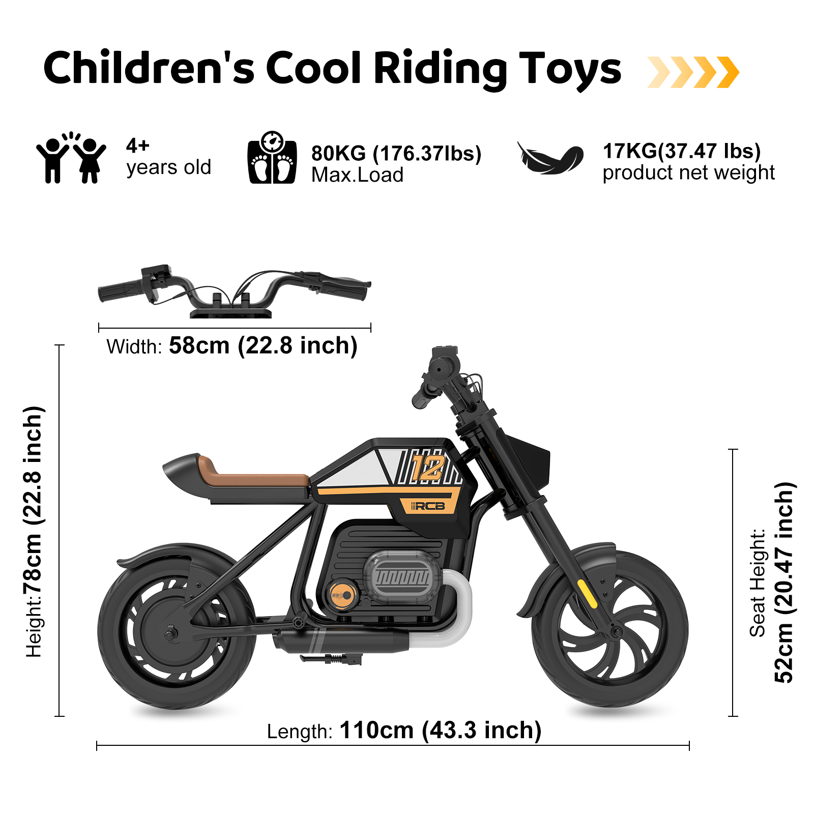 Zwarte en bruine kindermotor met afmetingen en specificaties. Tekst zegt: Coole rijspeelgoed voor kinderen.
