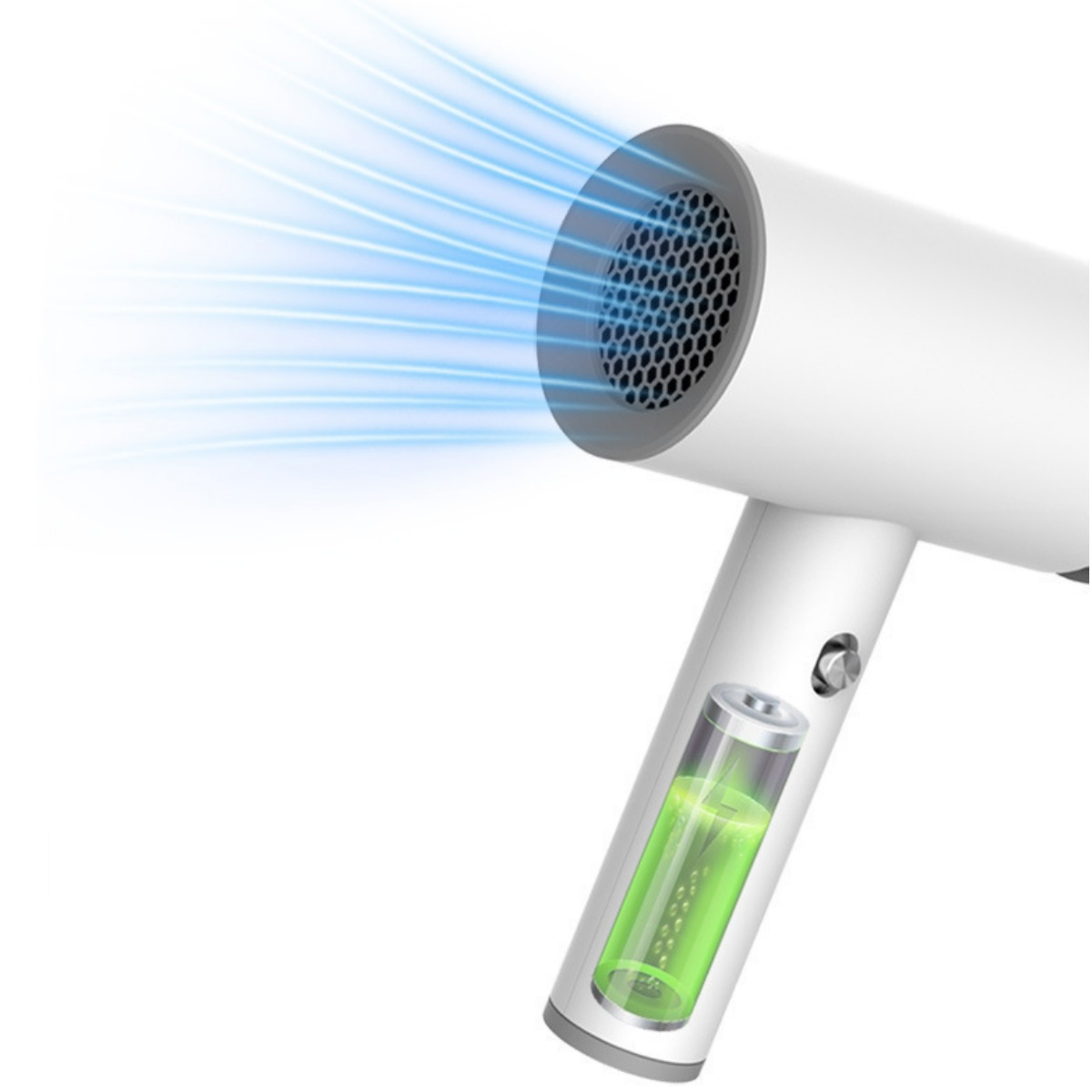 Ein weißer Fön mit blauem Luftstrom. Der Griff zeigt eine Batterie. Der Hintergrund ist weiß.