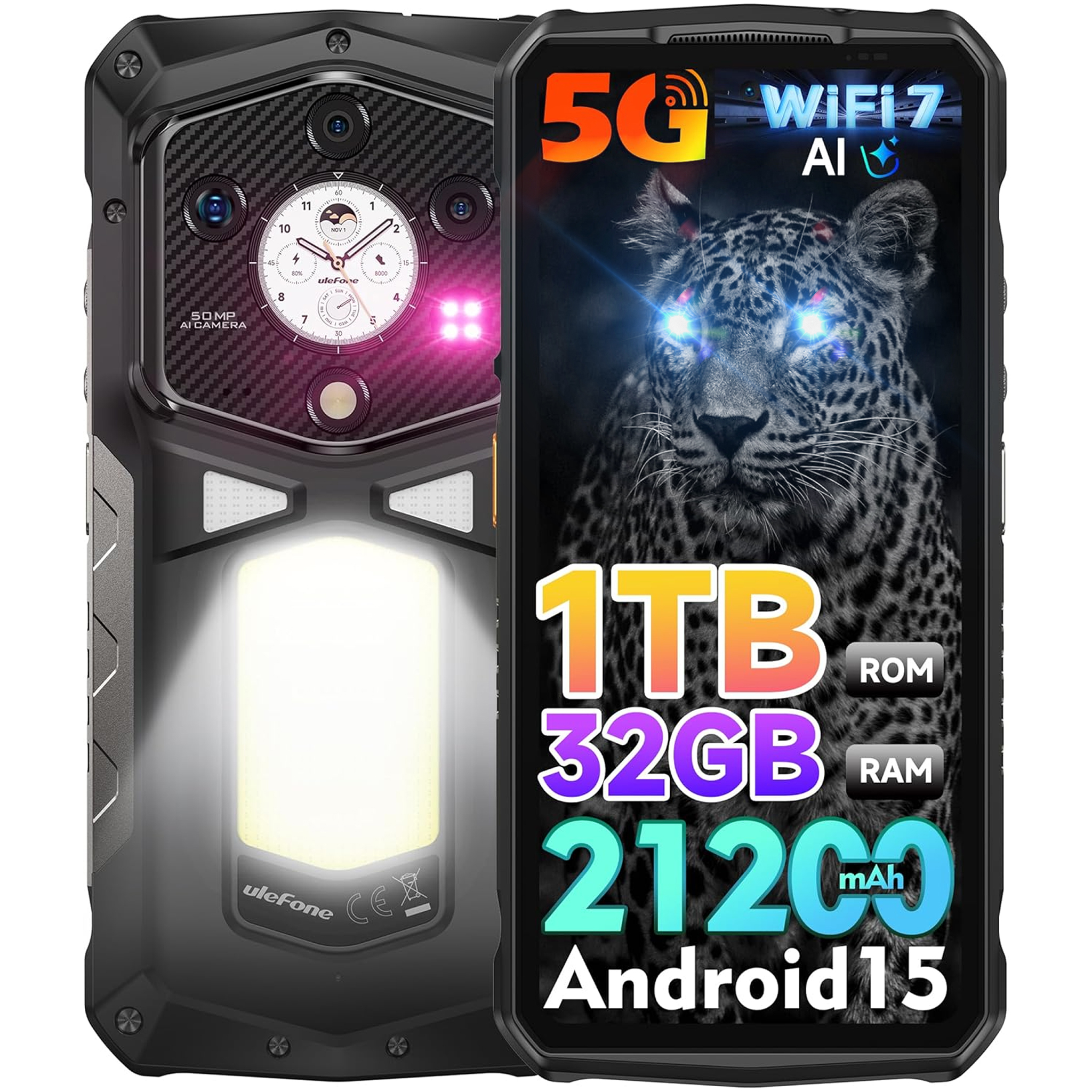Robustes Smartphone. Display zeigt Leopard, Specs: 1TB ROM, 32GB RAM, 21200mAh, Android 15. Rückseite hat Kamera und Taschenlampe.