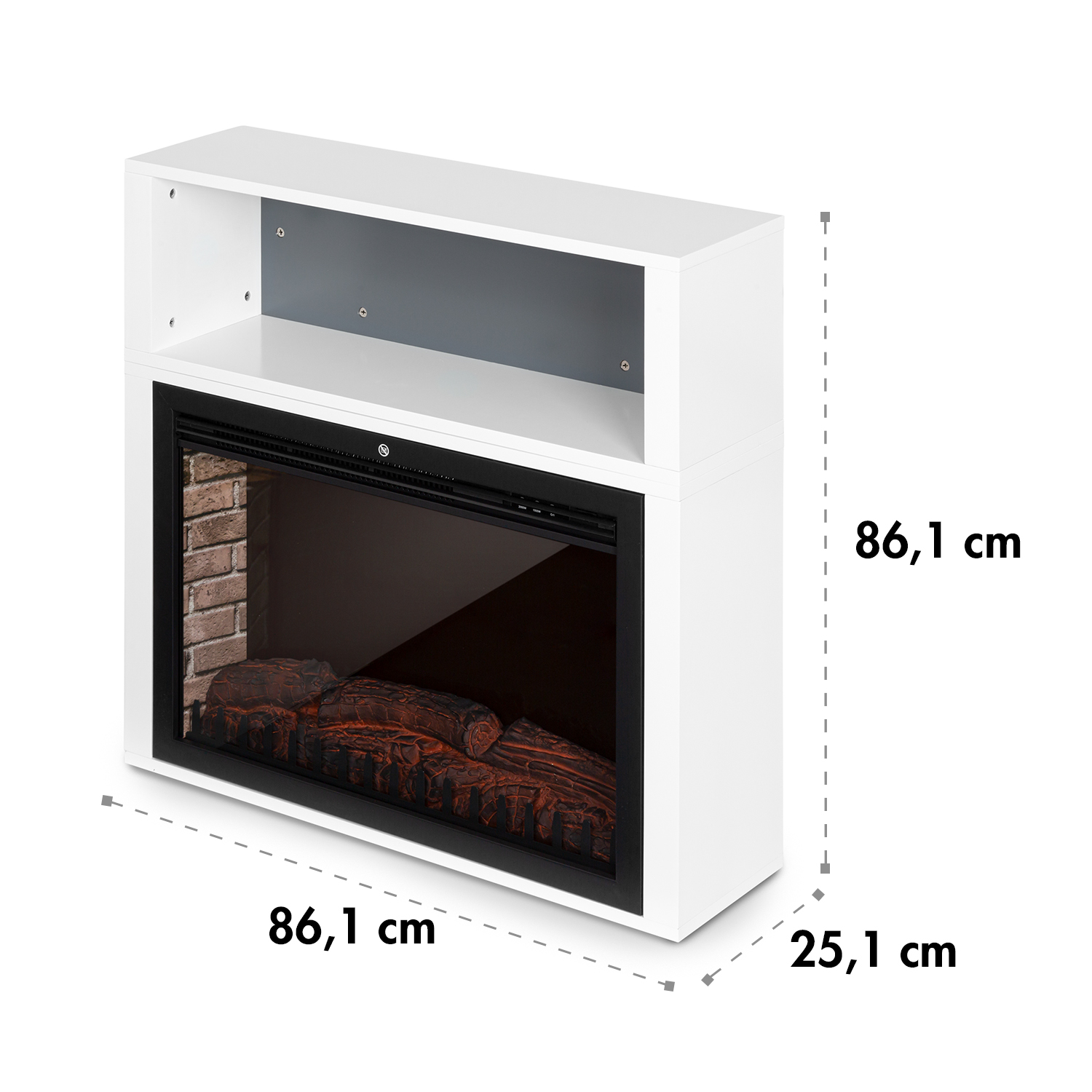 Ein weißer Elektrokamin mit Maßen. Er hat ein Regal, eine schwarze Front mit Backstein-Innenraum und einem Holzfeuereffekt.