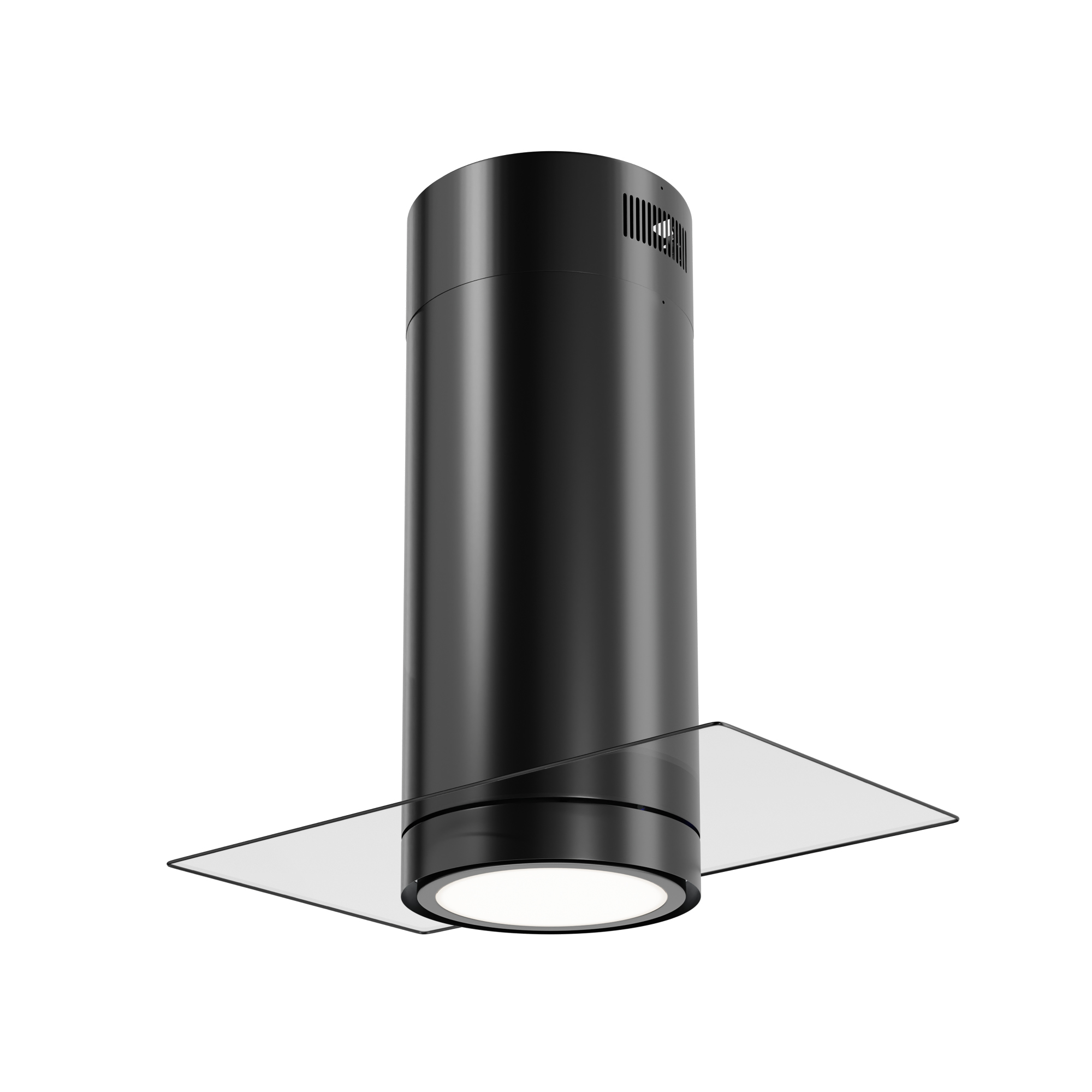 Una campana extractora cilíndrica negra con una balda de cristal y una luz brillante. Está sobre fondo blanco.