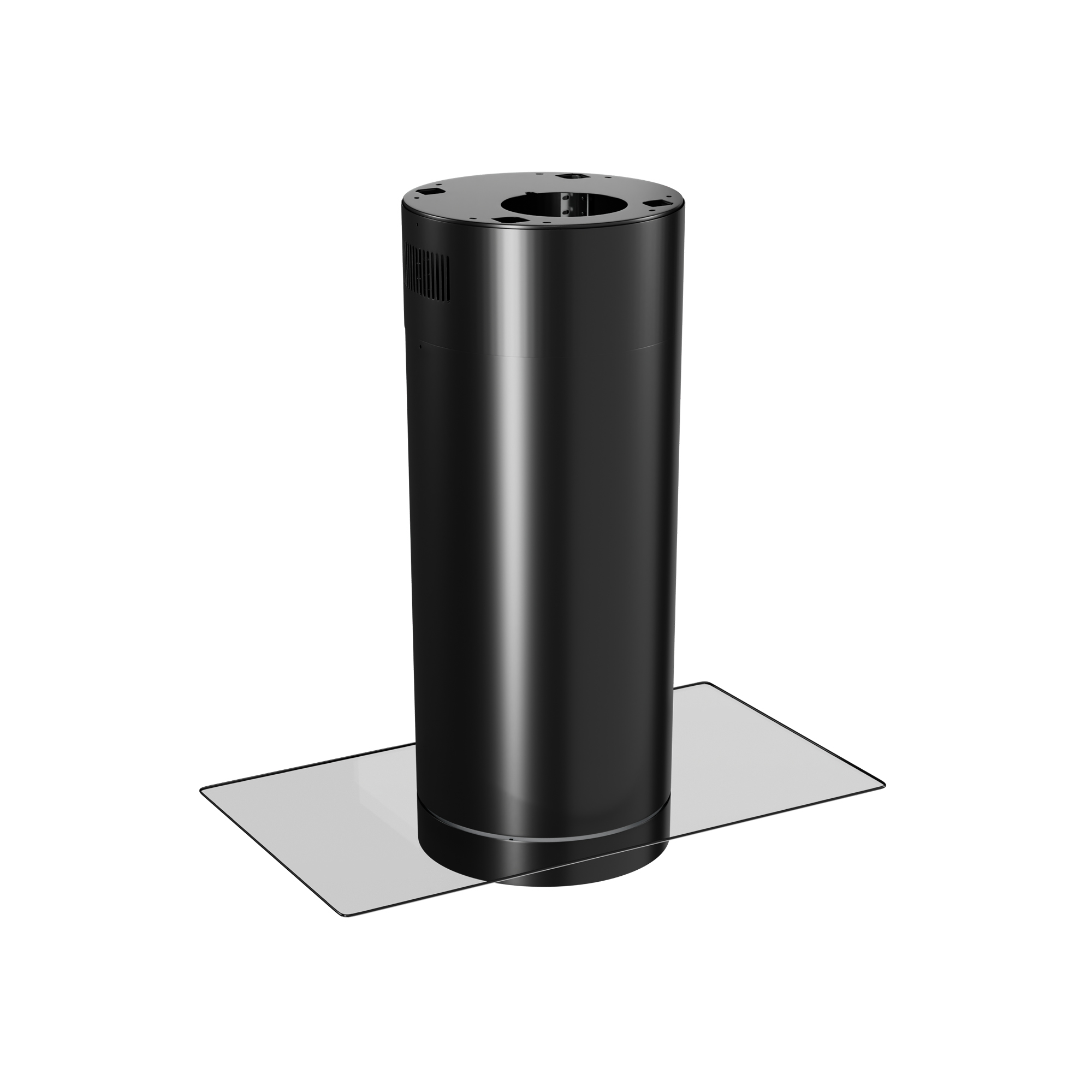 Un objeto cilíndrico negro sobre una base de vidrio rectangular, sobre un fondo blanco. La parte superior tiene agujeros.