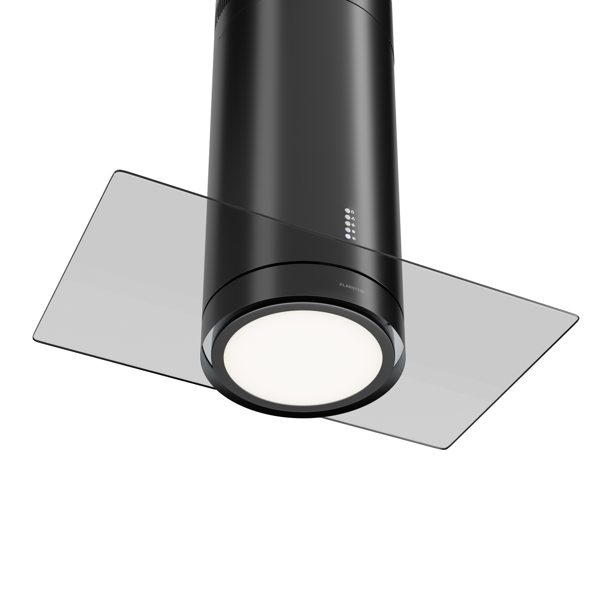 Una campana extractora de cocina negra con panel de vidrio, luz y botones de control. El fondo es blanco.