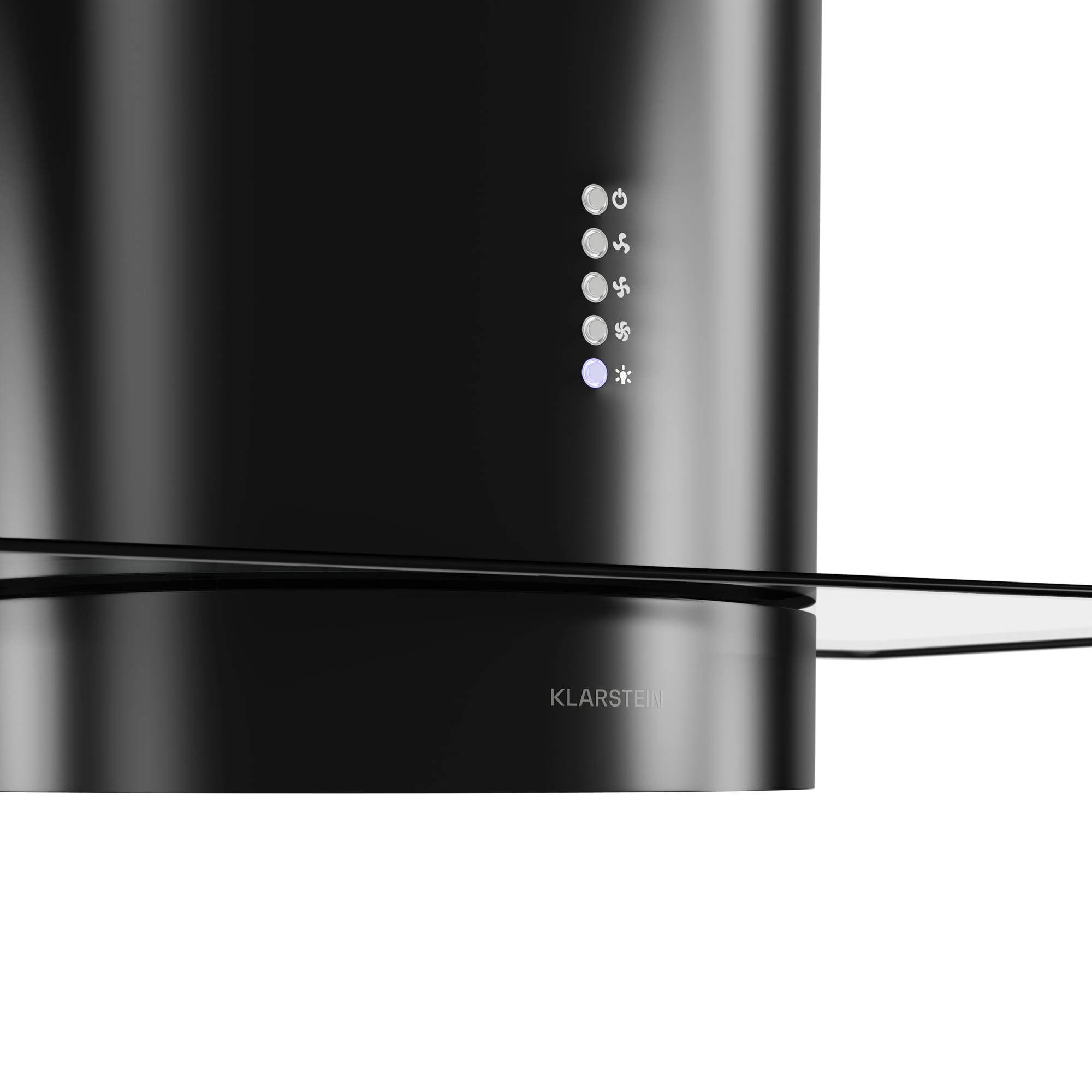 Primer plano de una campana extractora negra con botones de control, estante de vidrio y la marca 'KLARSTEIN'.