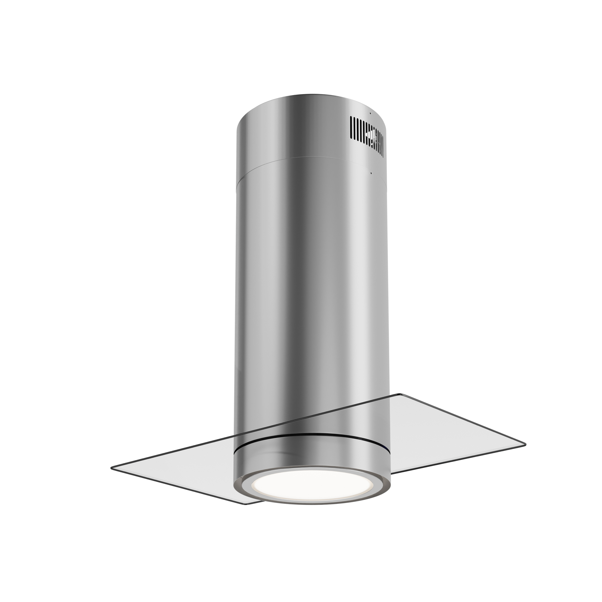 Una campana extractora plateada cilíndrica moderna con estante de vidrio y luz brillante.