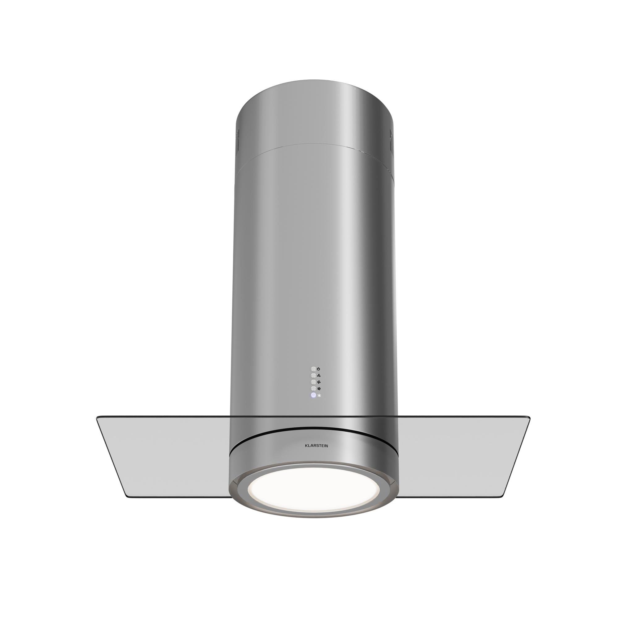 Una campana extractora plateada moderna con una balda de cristal y una luz circular en la parte inferior. El logo Klarstein es visible.