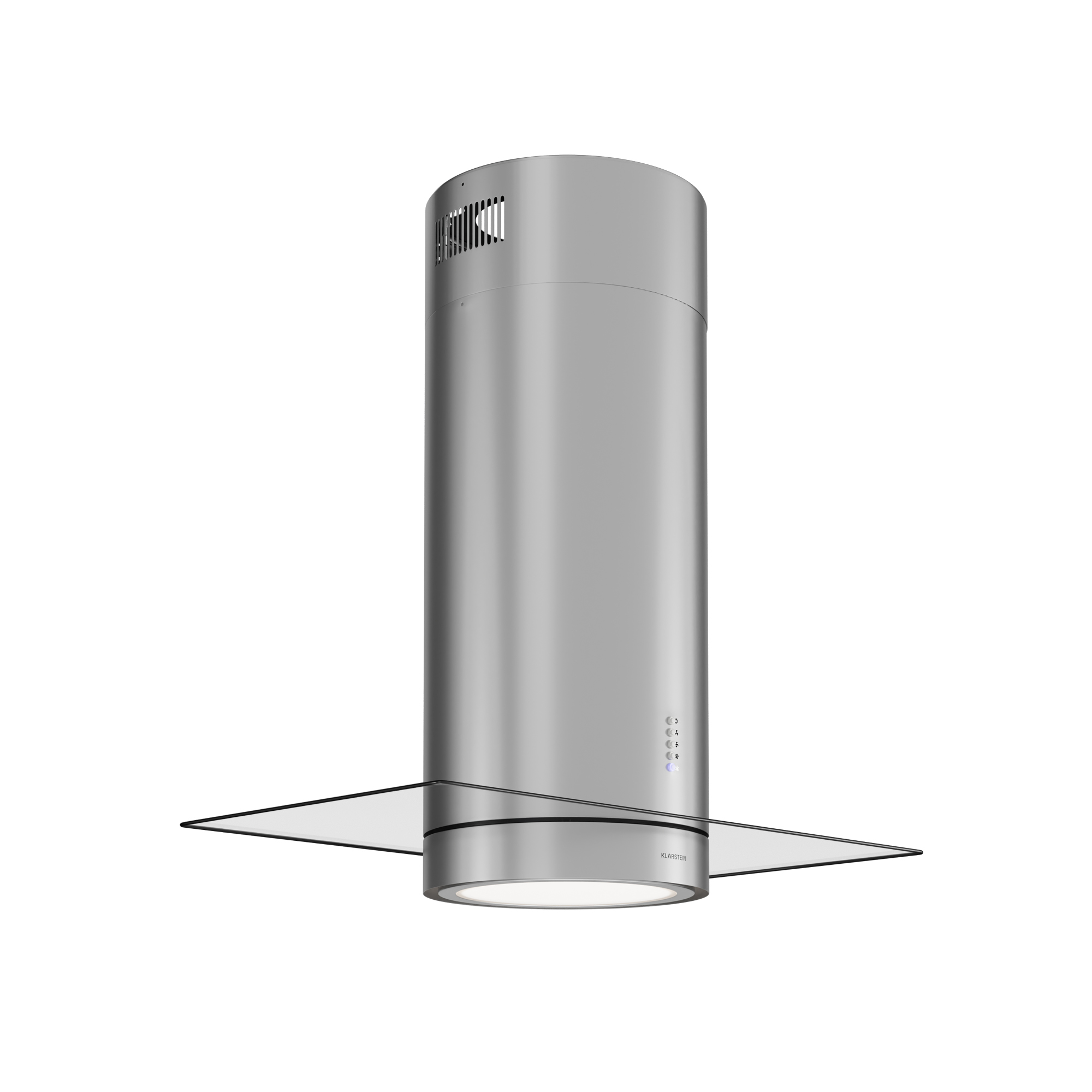 Una campana extractora moderna de acero inoxidable con estante de cristal y fondo blanco.