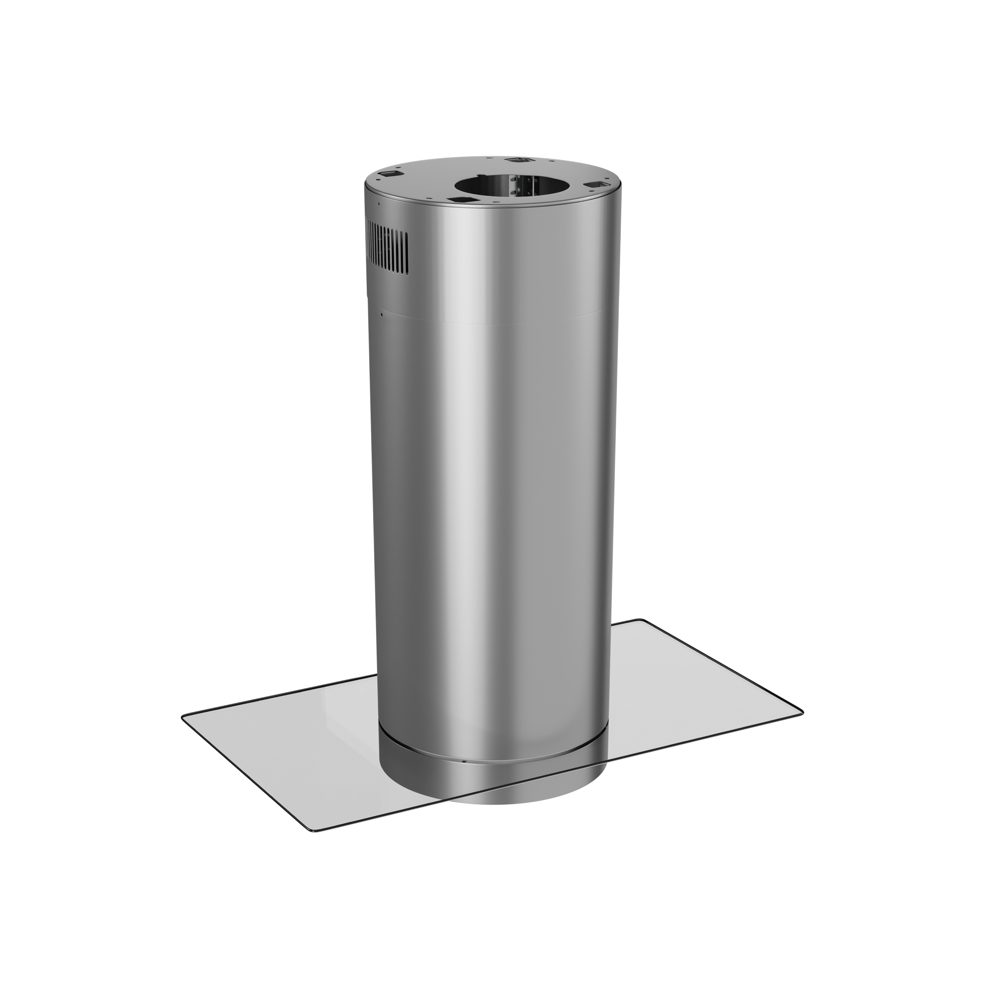Estructura cilíndrica metálica con base de vidrio rectangular. Tiene ventilas y una parte superior plana. Fondo blanco.