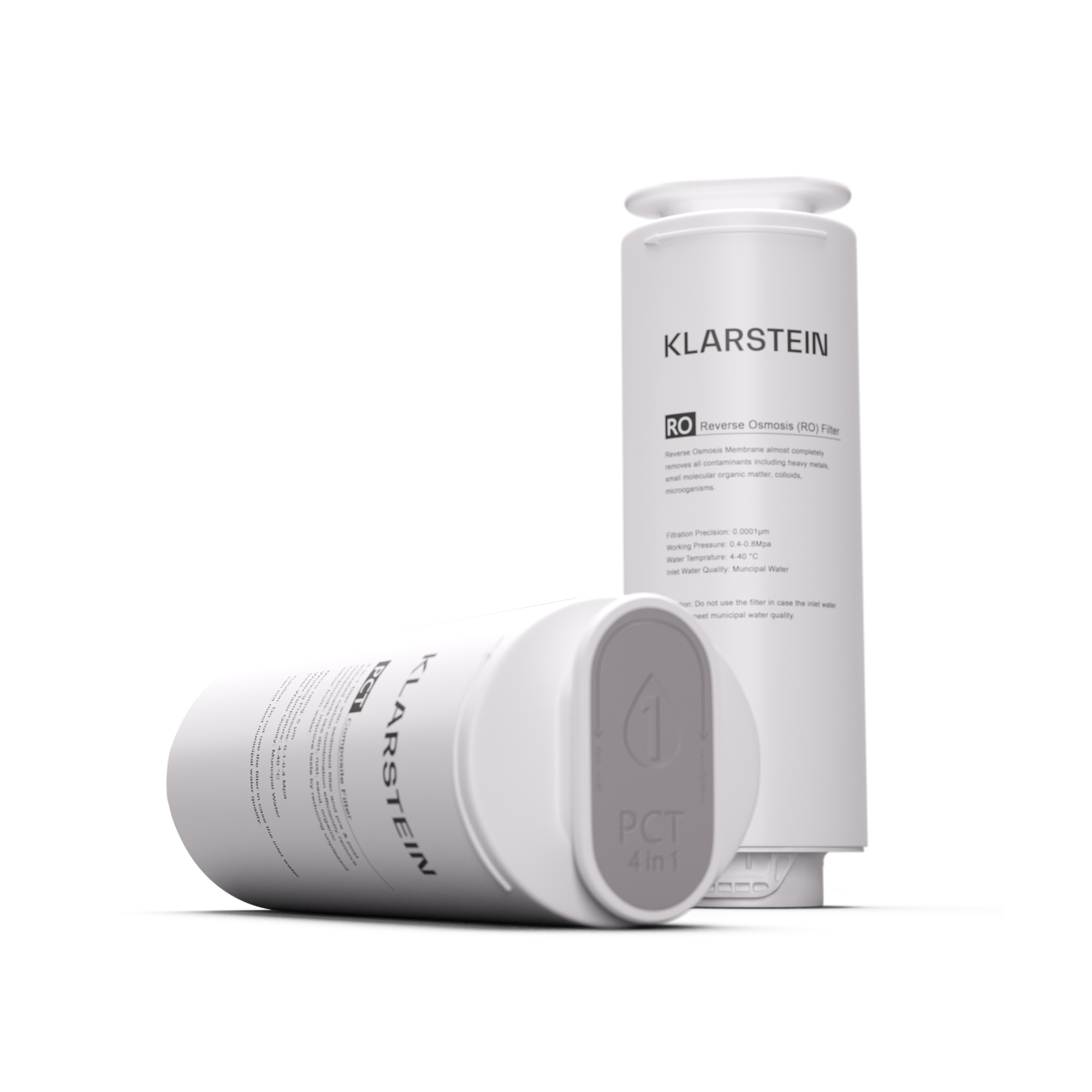 Zwei weiße Klarstein-Wasserfilter auf weißem Untergrund. Einer steht aufrecht, der andere liegt auf der Seite.