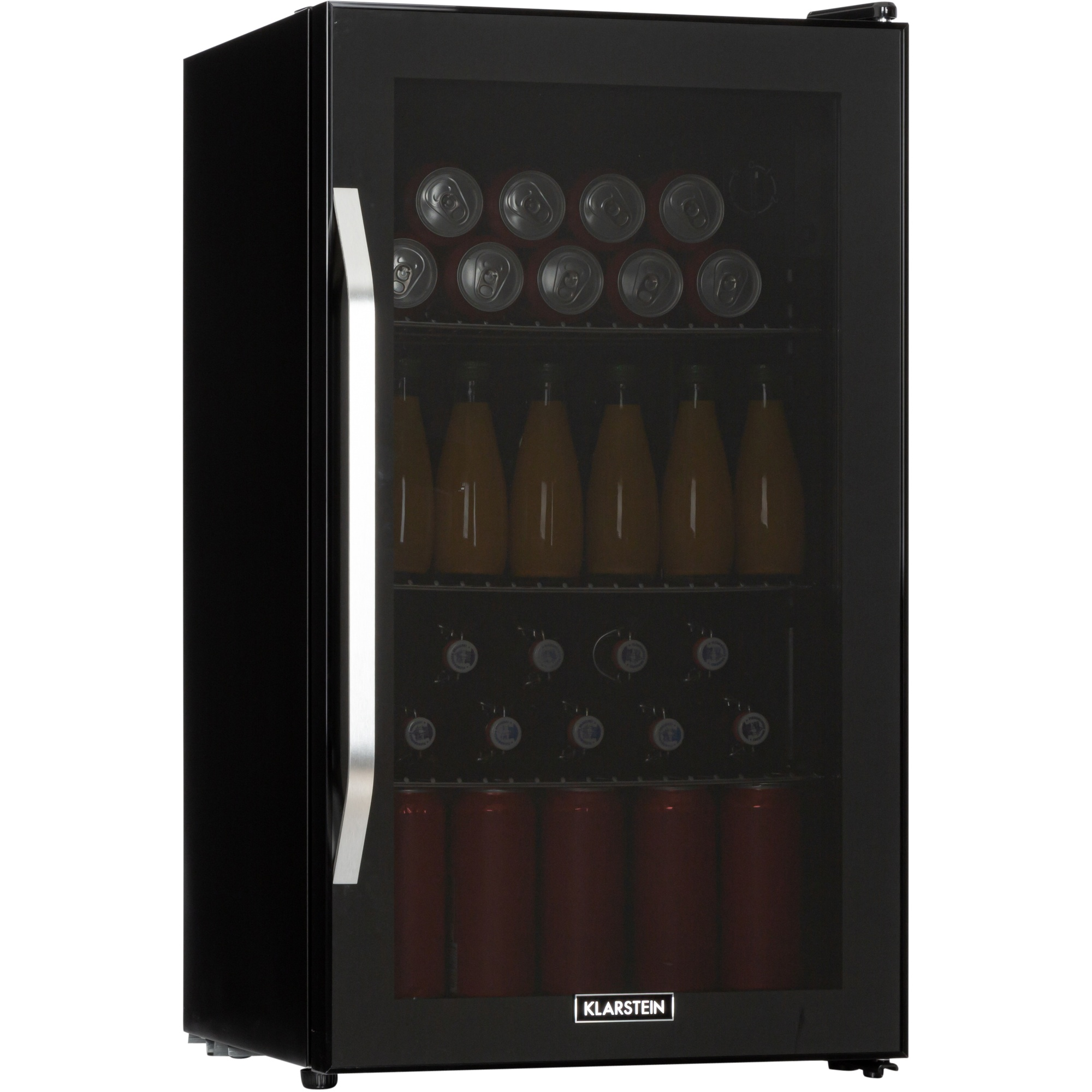 Un mini frigo Klarstein nero pieno di bevande. Sono visibili lattine, bottiglie e bottiglie di succo. La porta ha una maniglia argentata.