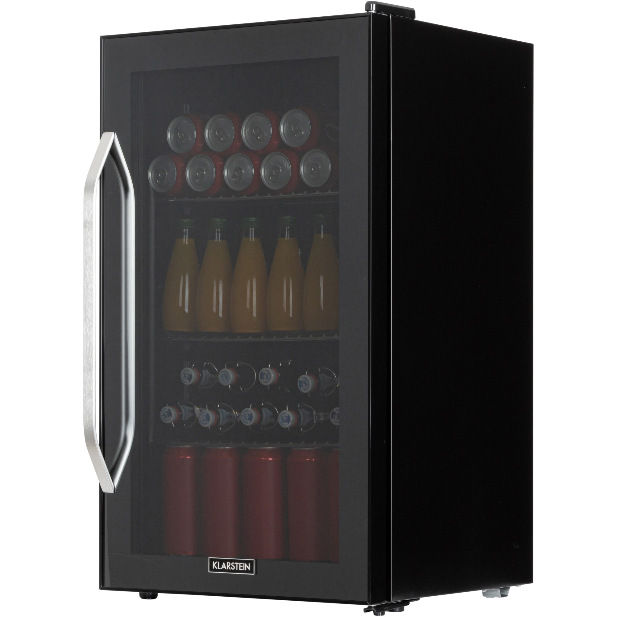 Un mini frigo nero con porta a vetro, pieno di lattine, bottiglie di succo e vino. Maniglia in acciaio inox.