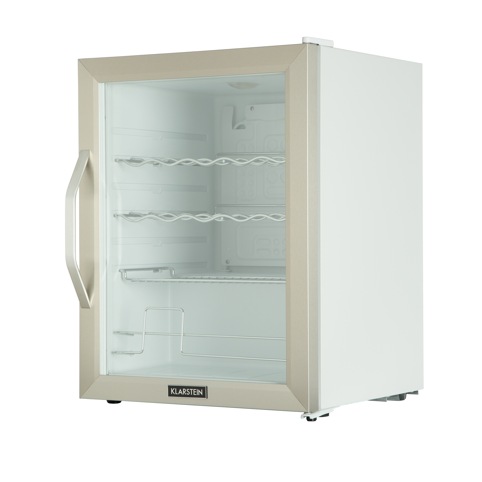 Un pequeño minibar Klarstein blanco con puerta de vidrio, marco plateado y asa. En el interior, hay estantes para vino.