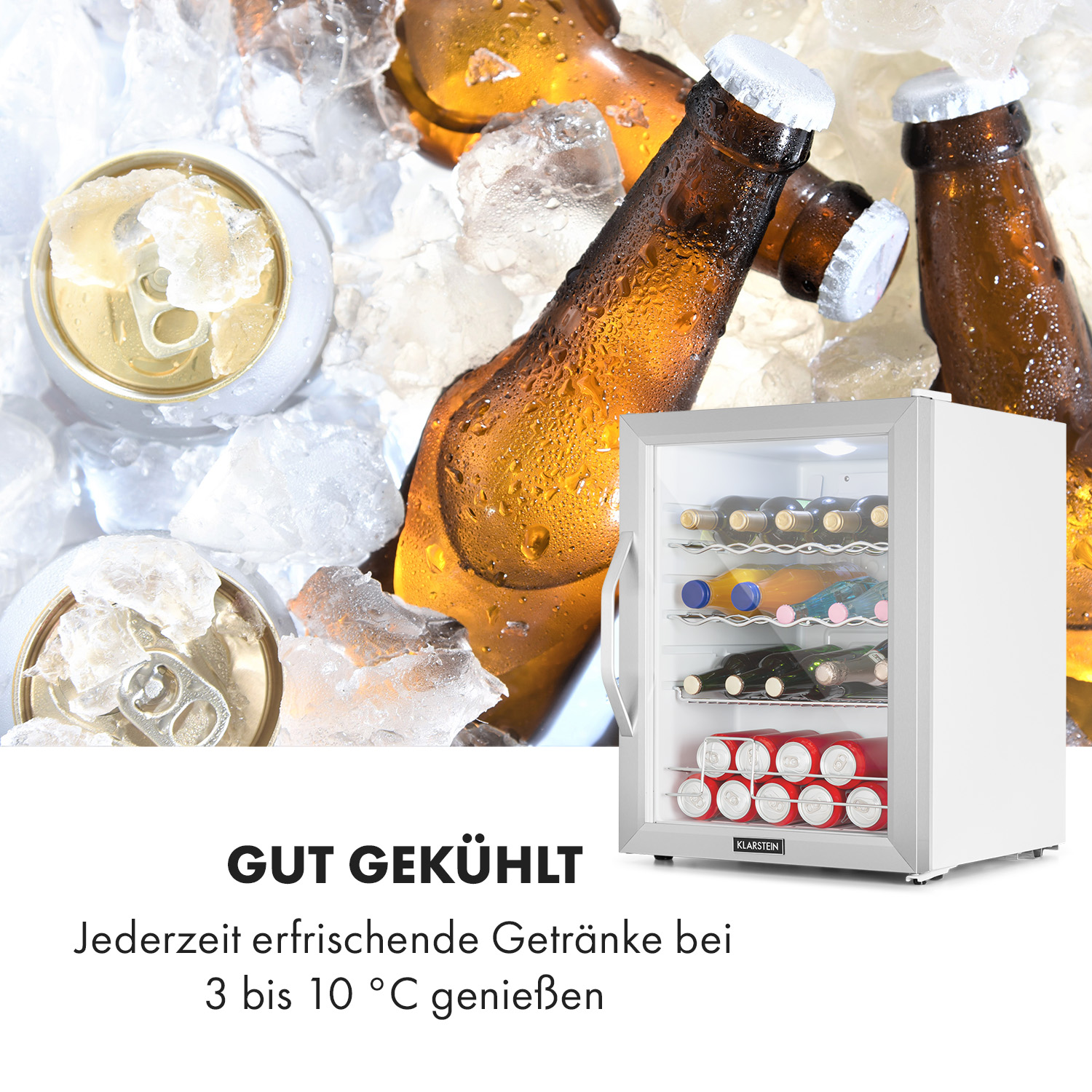 Imagen muestra botellas y latas de cerveza en hielo, una mini-nevera blanca con bebidas. El texto dice 'Bien frío' y rango de temperatura.