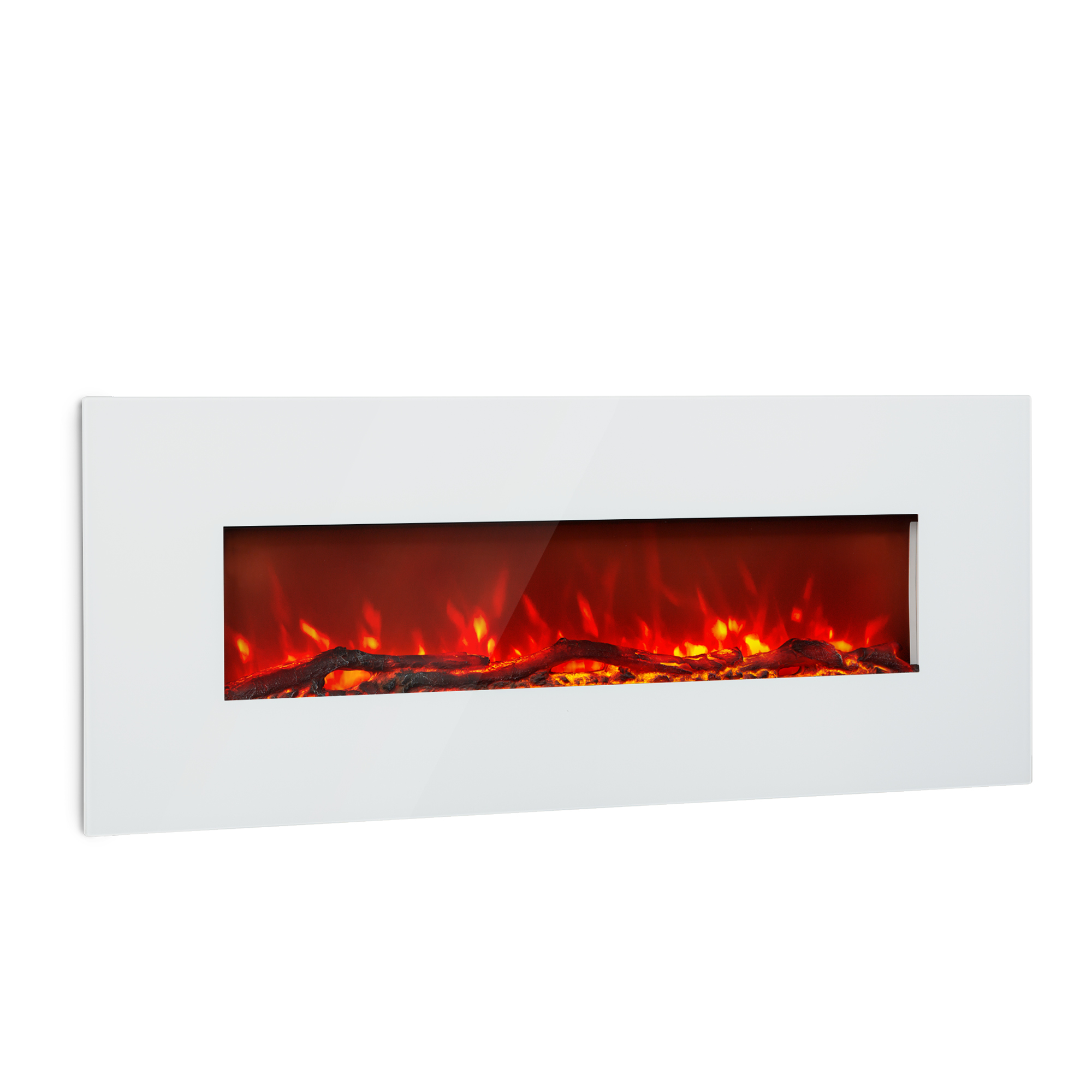 Ein weißer, rechteckiger Elektrokamin mit simuliertem Feuereffekt. Die Flammenfarben sind orange und rot.
