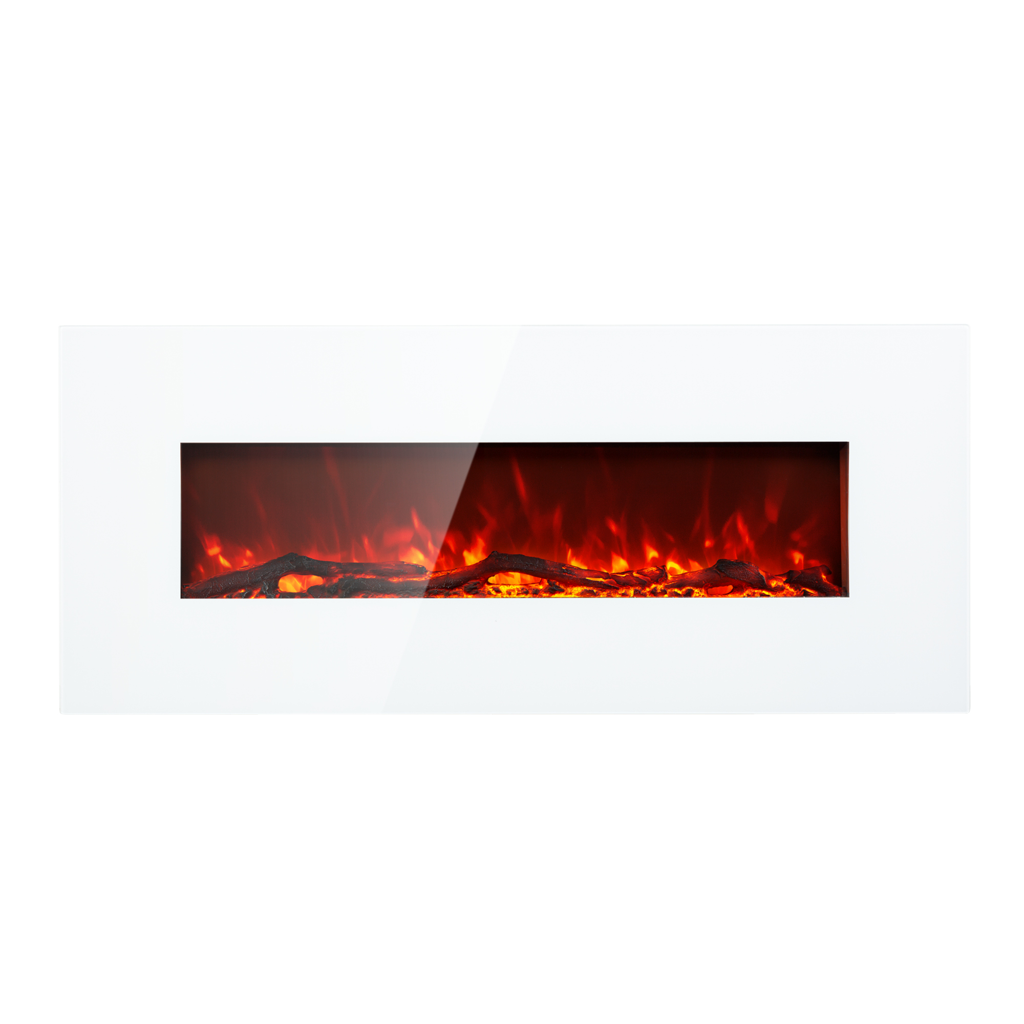 Ein weißer Elektrokamin mit Flammen darin. Unten liegen Holzscheite. Die Flammen sind orange und rot.