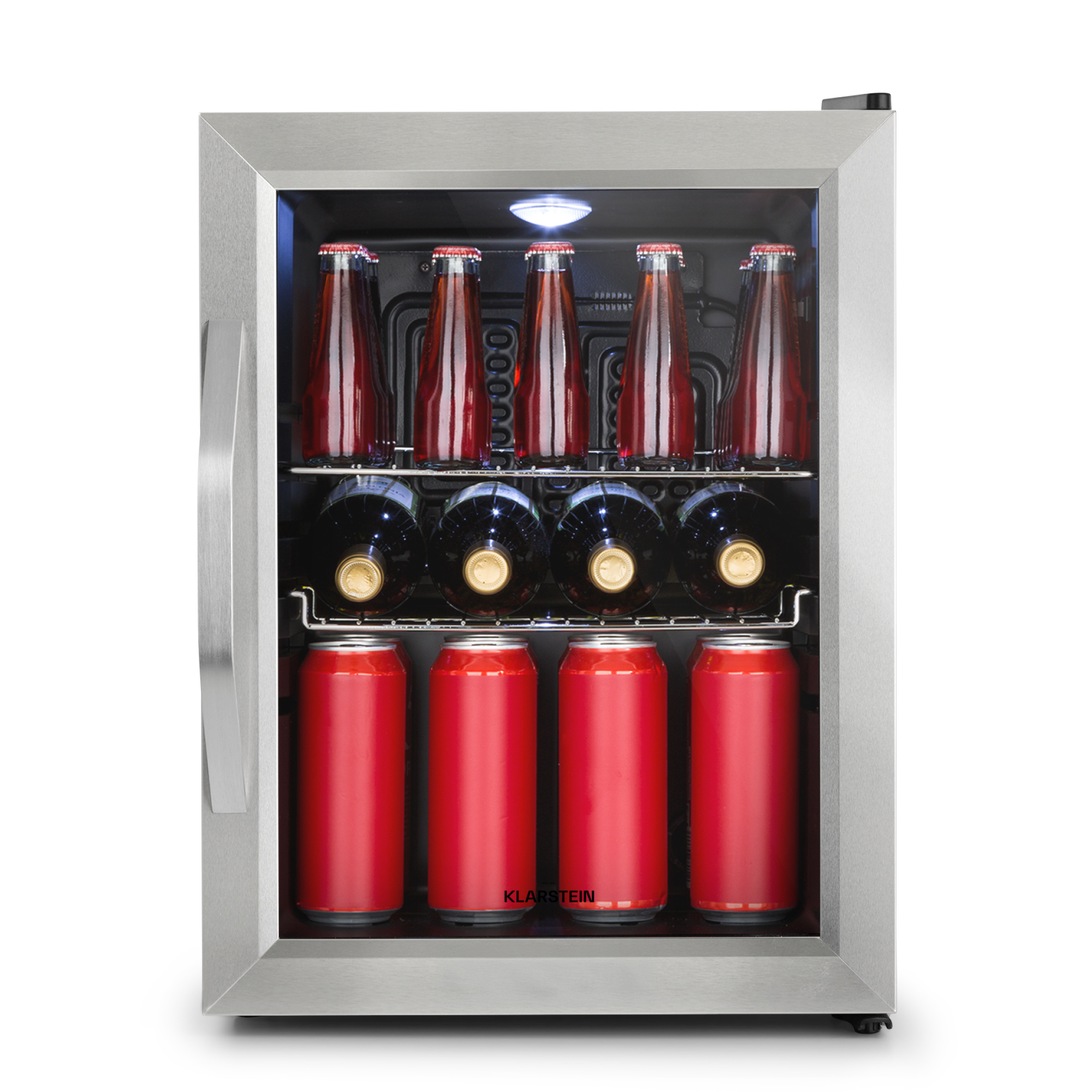 Un mini frigo in acciaio inossidabile con porta in vetro. All'interno ci sono bottiglie e lattine di bevande.