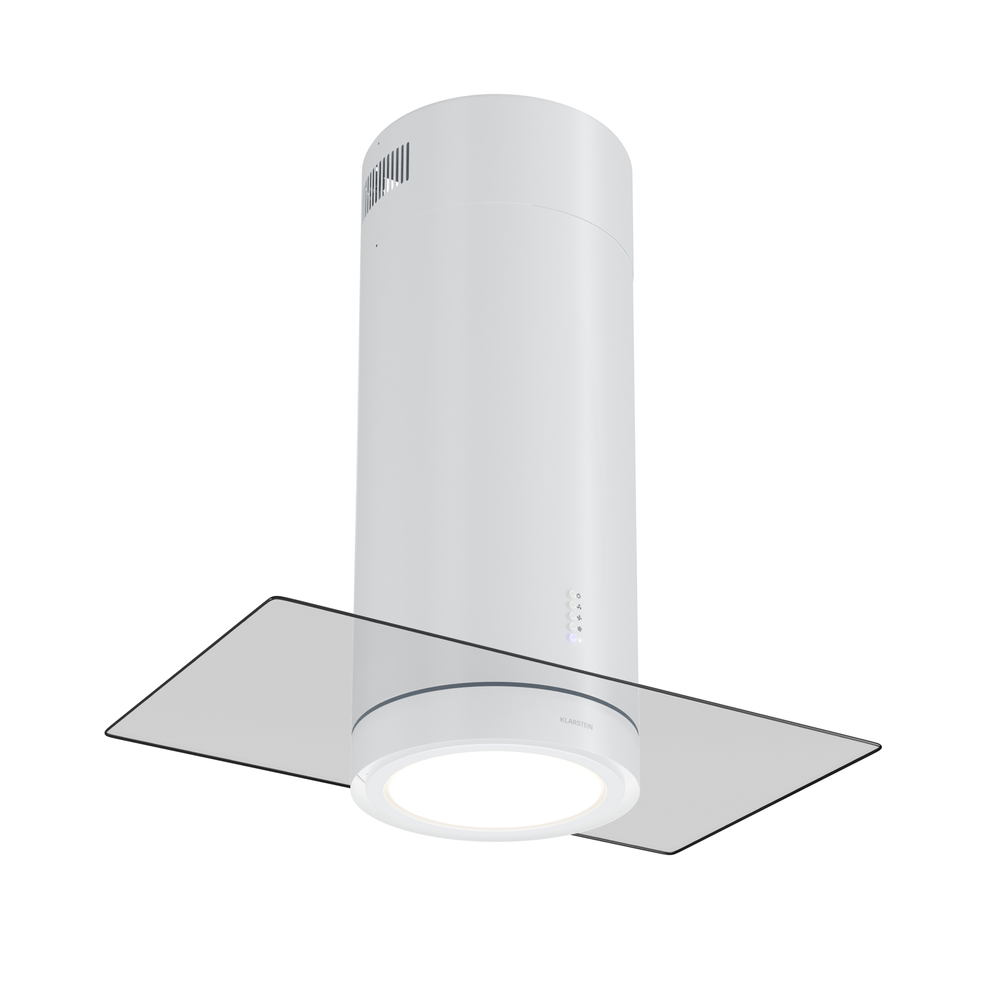 Una campana de cocina blanca con estante de vidrio, luz redonda y botones de control.