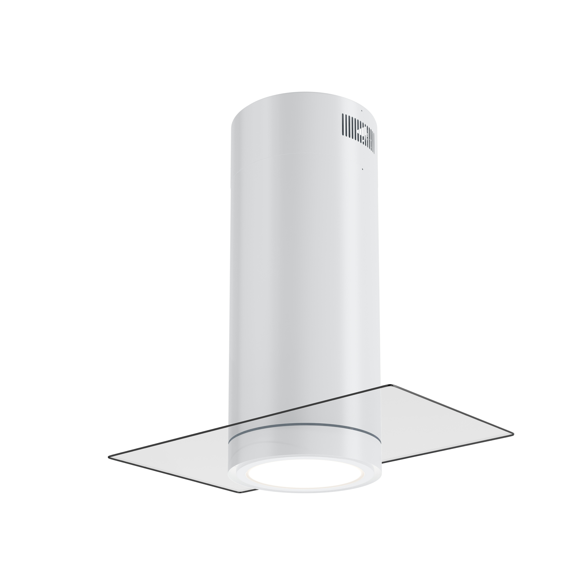 Una campana extractora blanca con base de cristal y luz brillante. Es un diseño cilíndrico moderno, aislado sobre blanco.