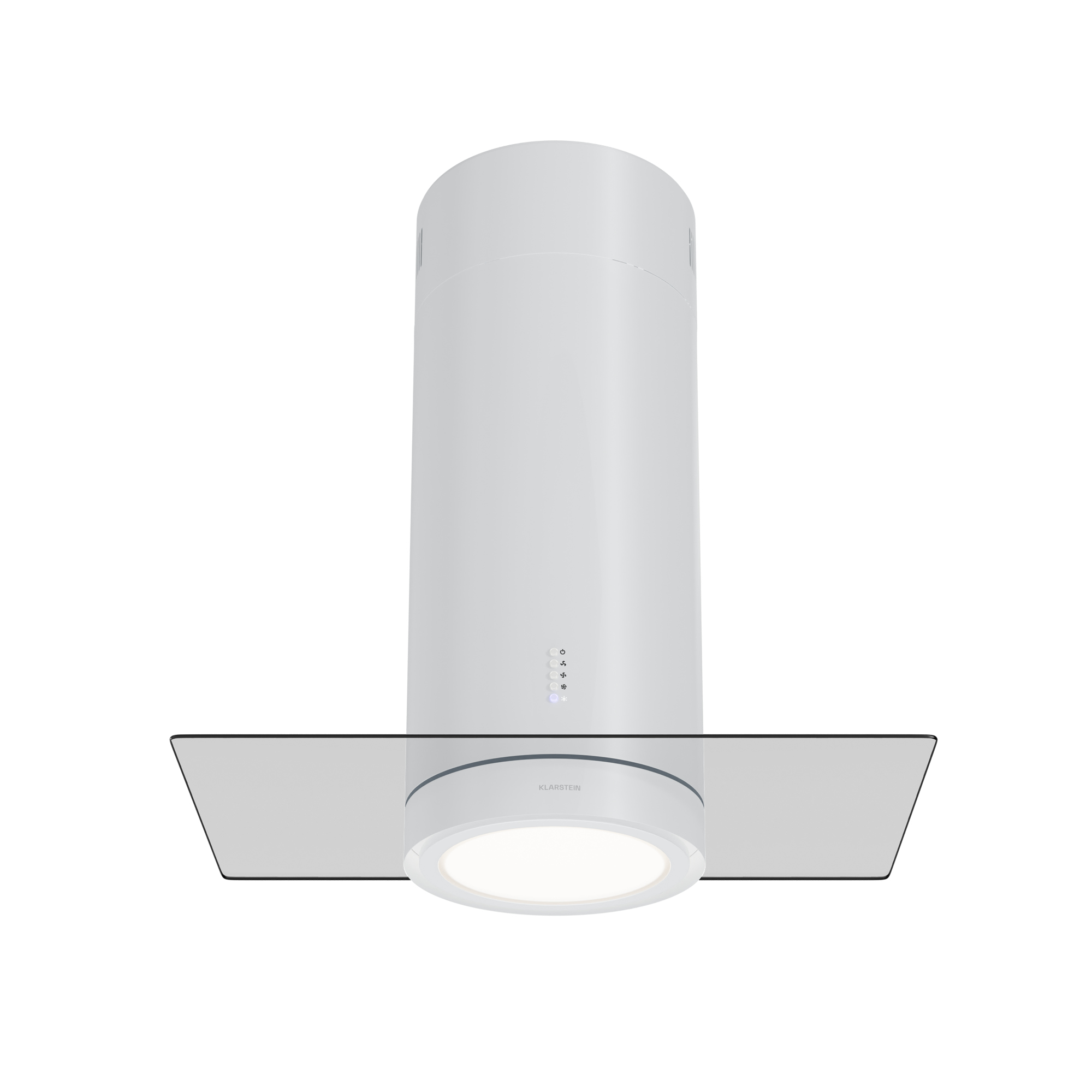 Una campana de cocina blanca con una balda de cristal y una luz redonda. El fondo es blanco.