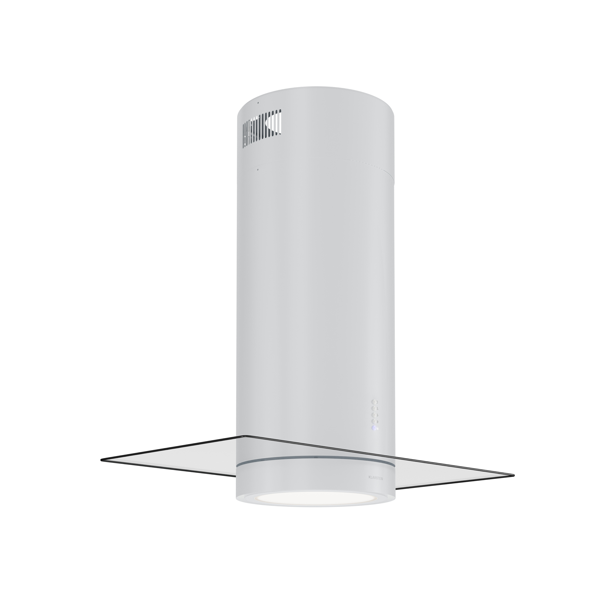 Campana extractora blanca con estante de vidrio. La campana es cilíndrica. Tiene una ventilación y un panel de control.