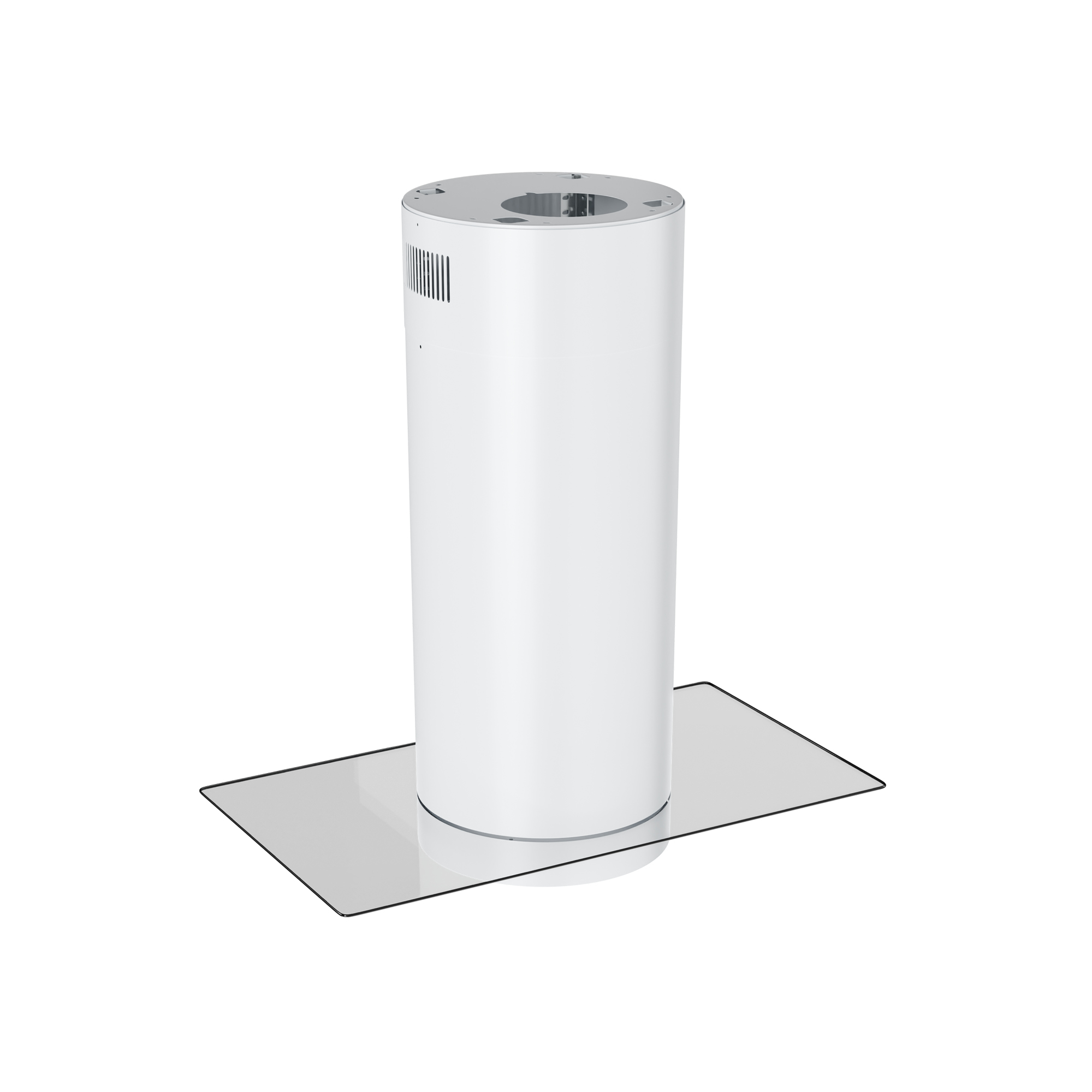 Estructura cilíndrica blanca sobre base de vidrio rectangular. Parte superior con aberturas circulares.