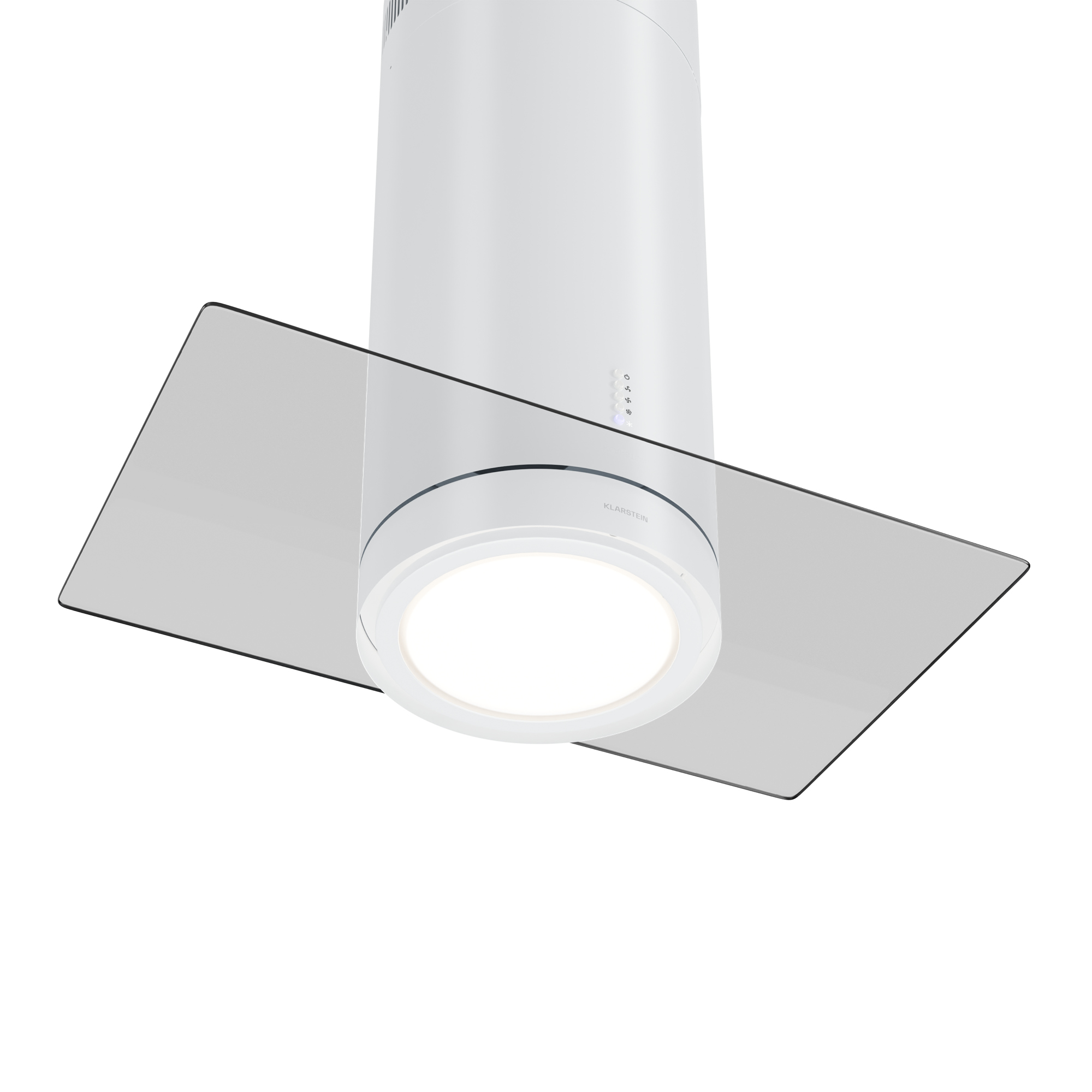 Una campana extractora blanca con un panel de vidrio. Tiene una luz y botones de control. Fondo claro.