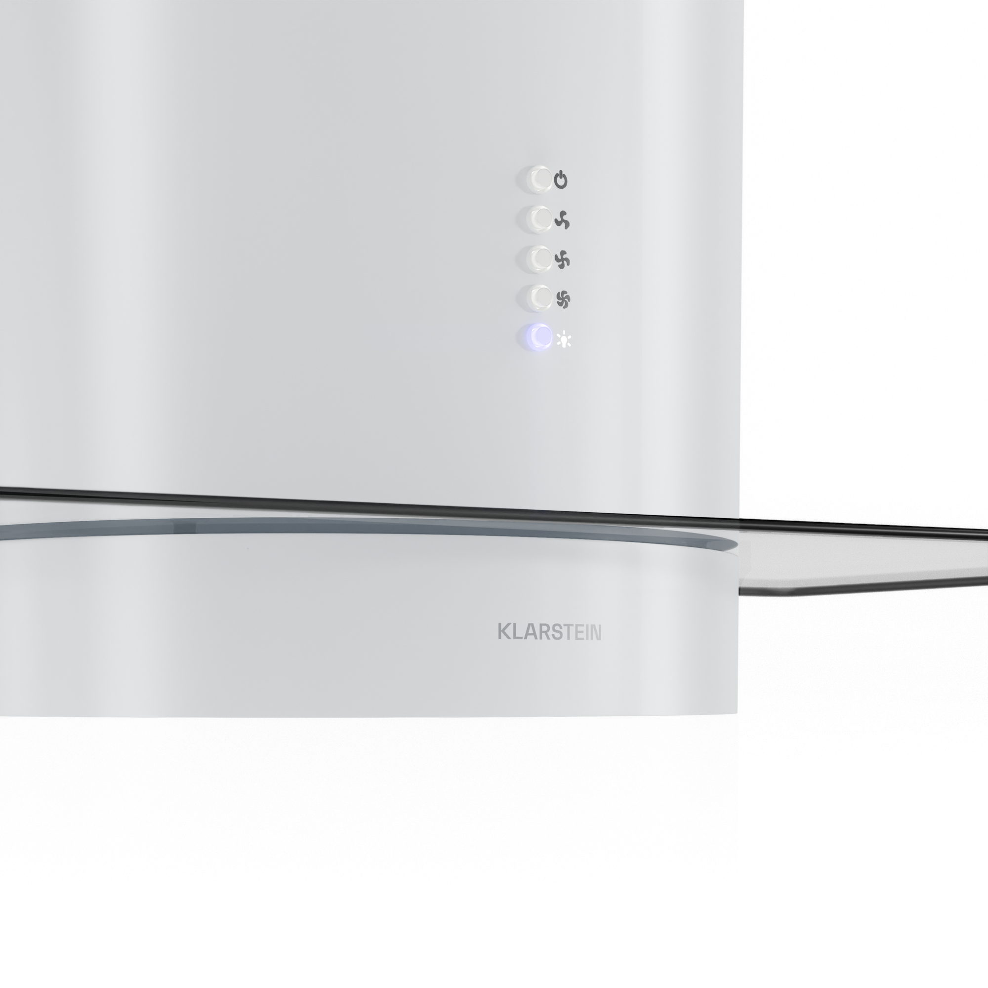 Una campana extractora Klarstein blanca con botones de control. Hay una balda de cristal en la parte inferior y el nombre de la marca.