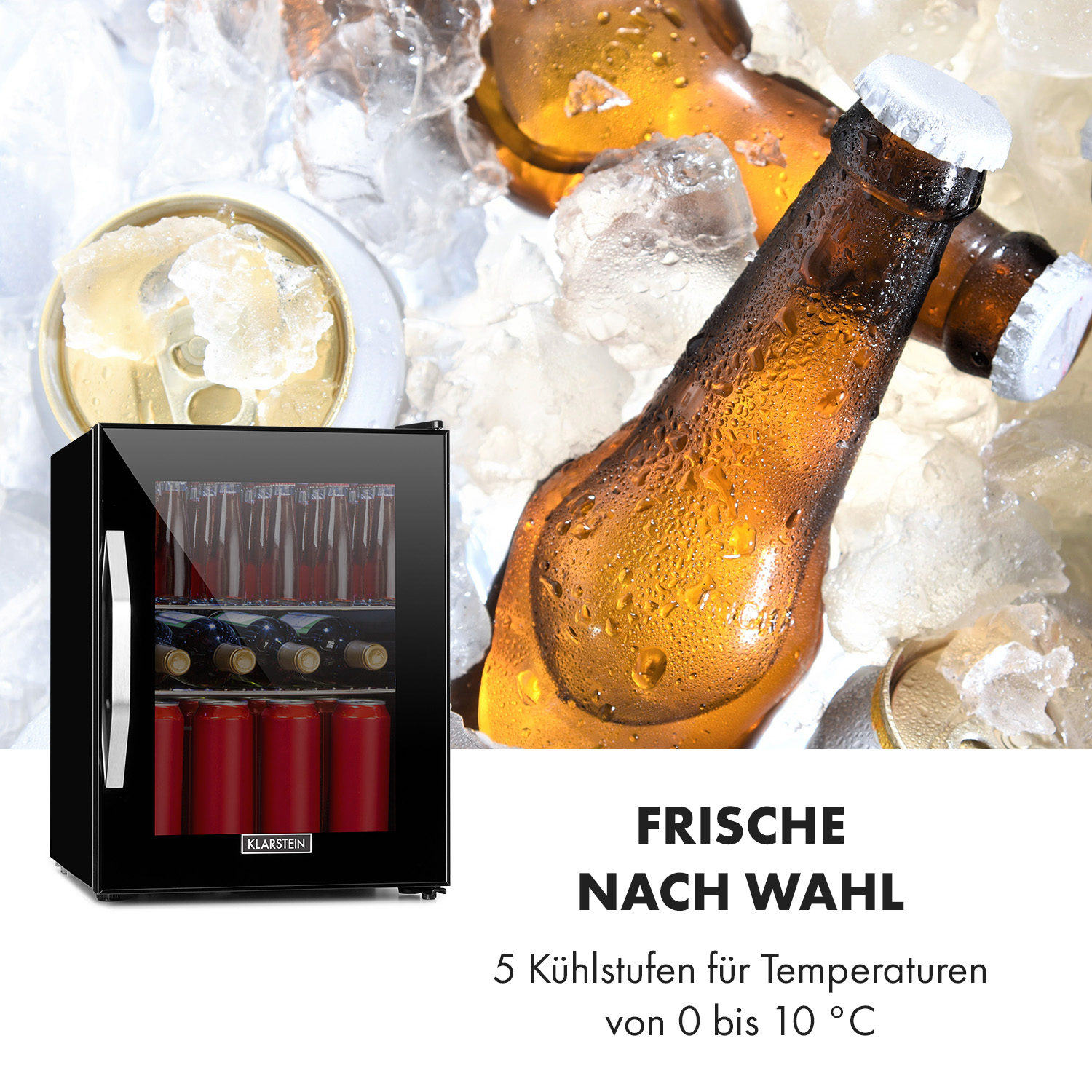Un mini-frigo nero con bevande è vicino a ghiaccio e bottiglie di birra. Testo: 'FRISCHE NACH WAHL' e info temperatura.