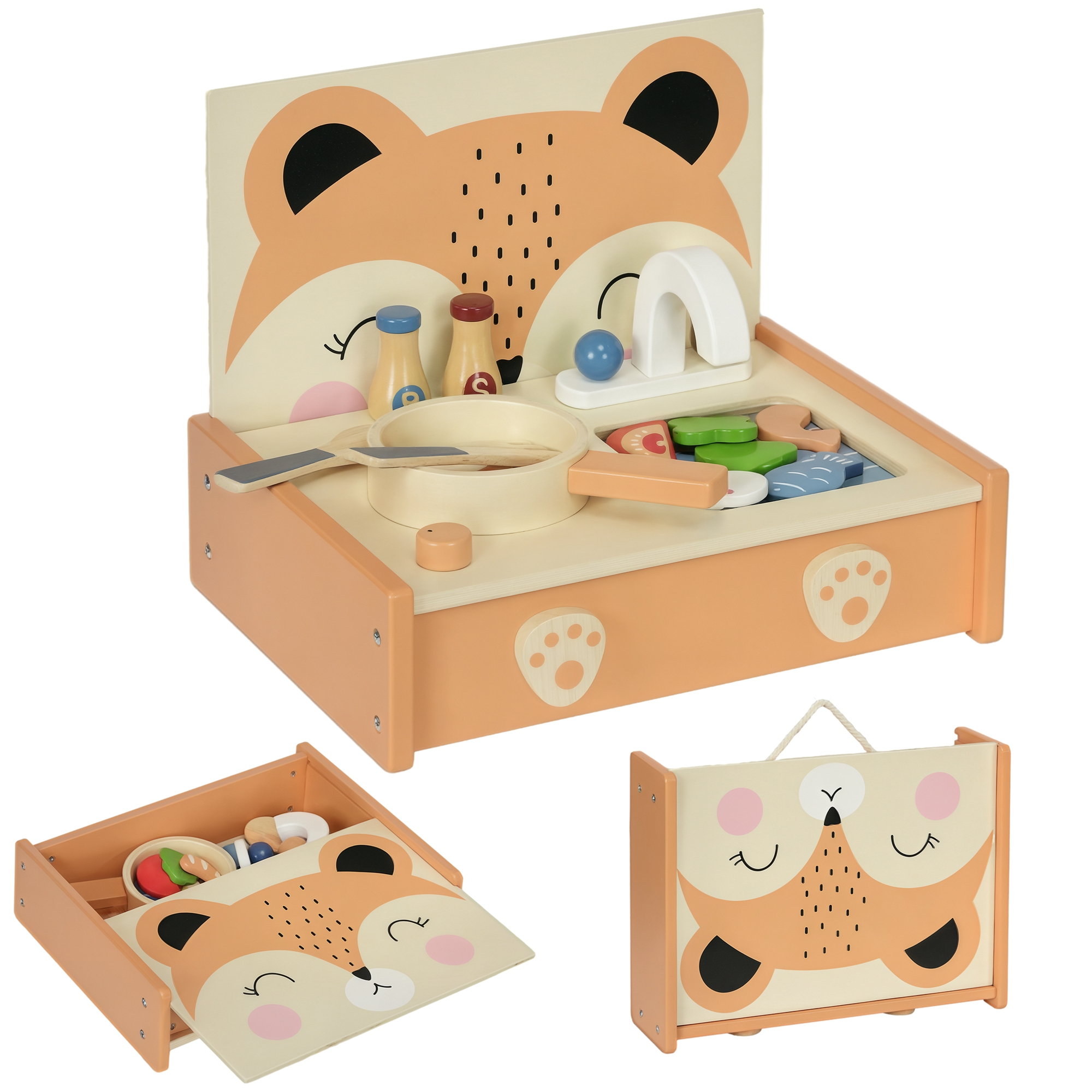 Set cucina giocattolo in legno con design a volto di volpe. Include vari oggetti da cucina e una custodia.