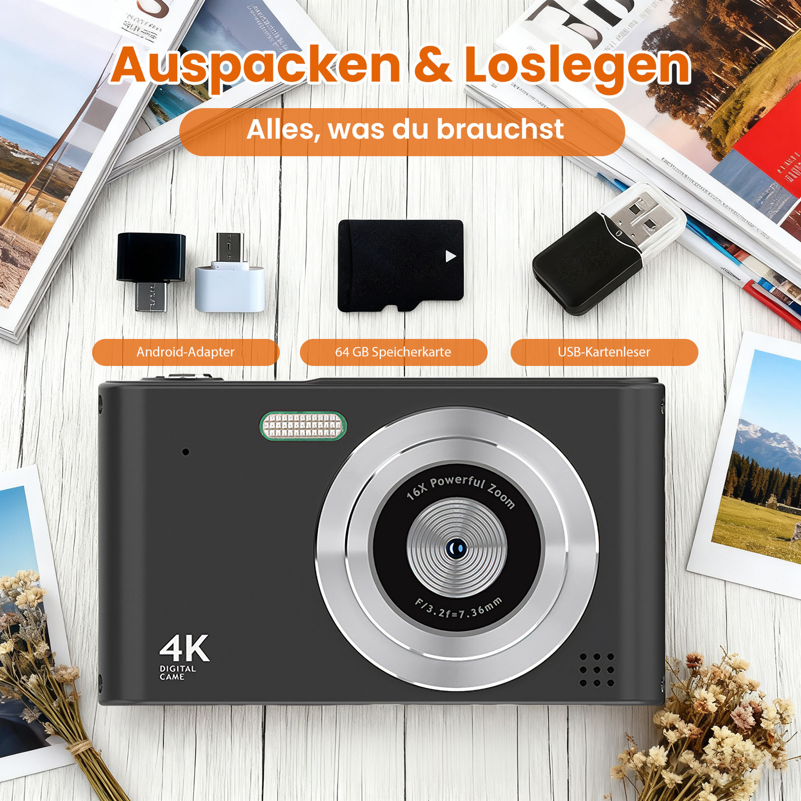Eine schwarze Kamera mit Zubehör wie Adapter, SD-Karte und Kartenleser. Text: Auspacken & Loslegen.