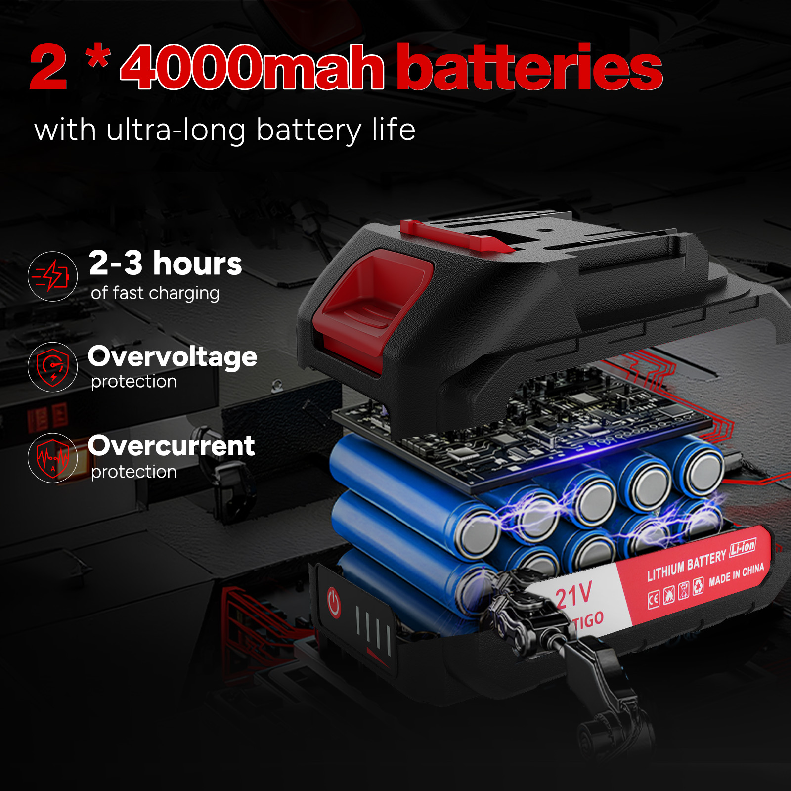 L'image montre une batterie avec des accents rouges et noirs. Le texte met en évidence les batteries 2*4000mAh, la charge rapide et les fonctions de protection.