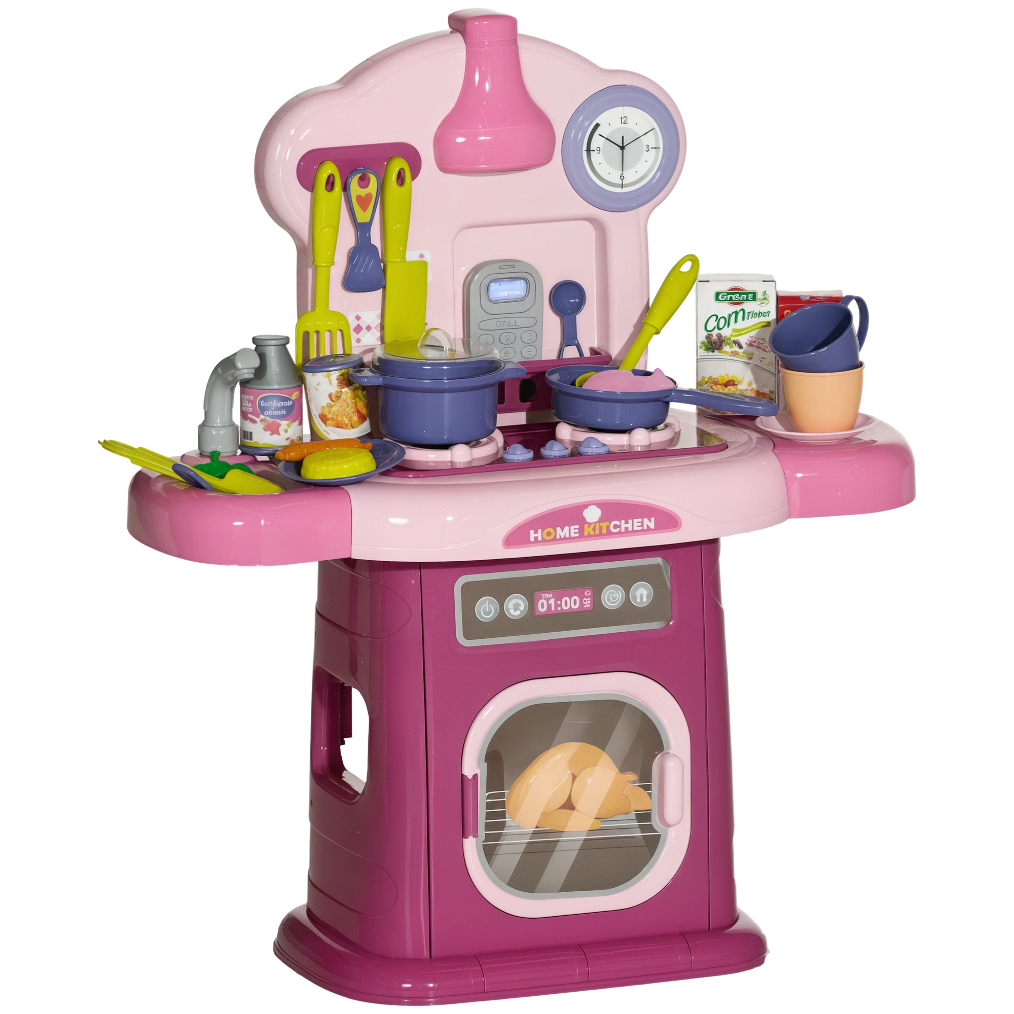 Una cucina giocattolo rosa con utensili, pentole e un forno giocattolo. Include un orologio e vari accessori alimentari.