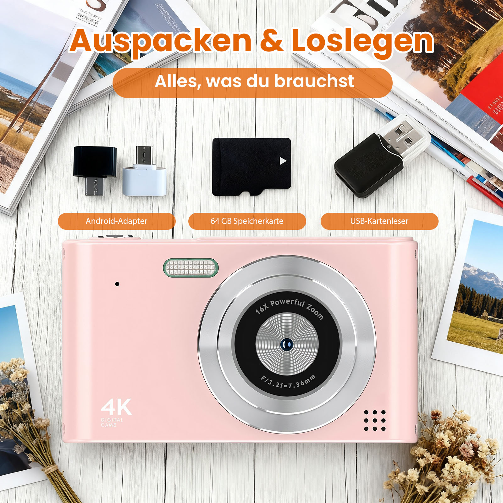Eine rosa Kamera mit Zubehör: Adapter, Speicherkarte und Kartenleser. Zeitschriften sind im Hintergrund.