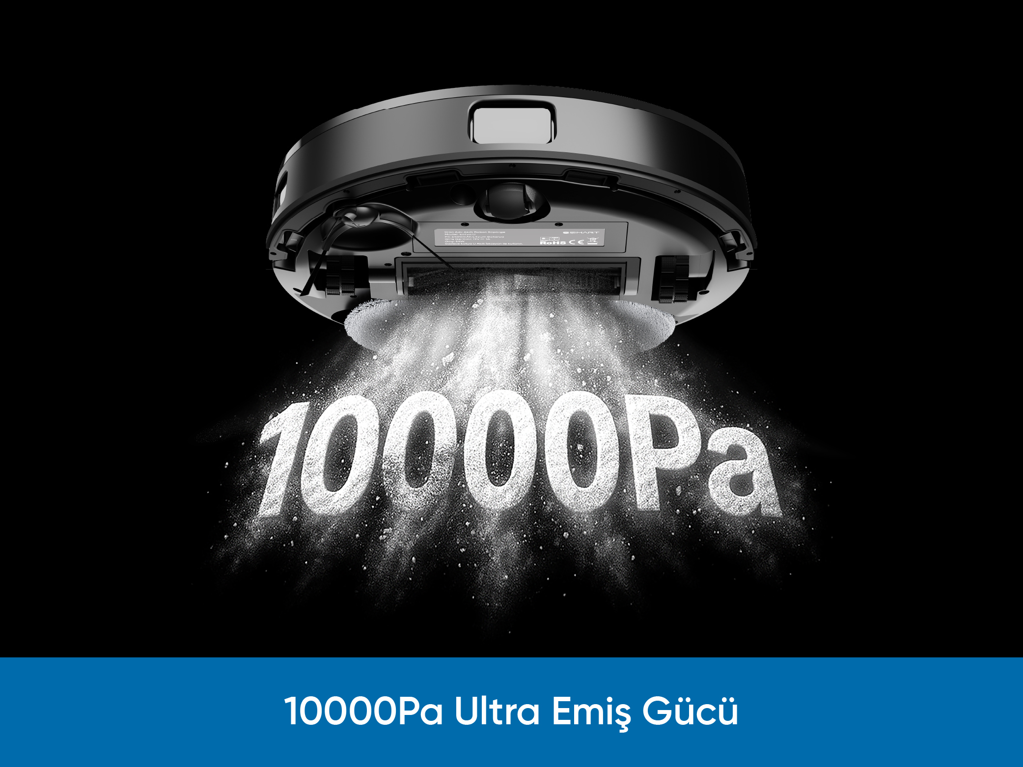 Beyaz "10000Pa" yazılı siyah robot süpürge. Toz benzeri parçacıklar süpürgeden yayılıyor.