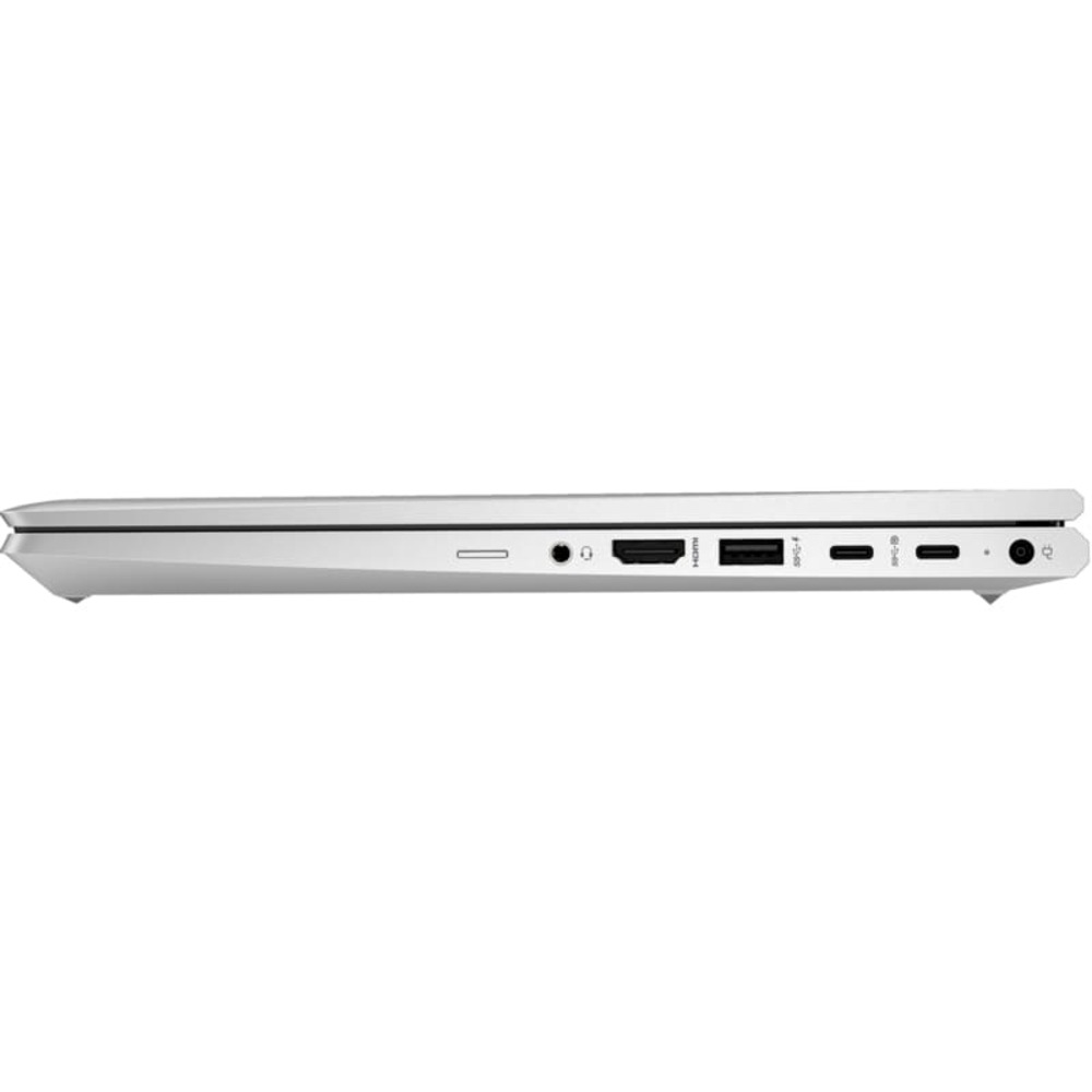 Gümüş bir dizüstü bilgisayarın yan görünümü. HDMI, USB-C ve ses jakı bağlantı noktaları. Beyaz arka plan üzerinde.