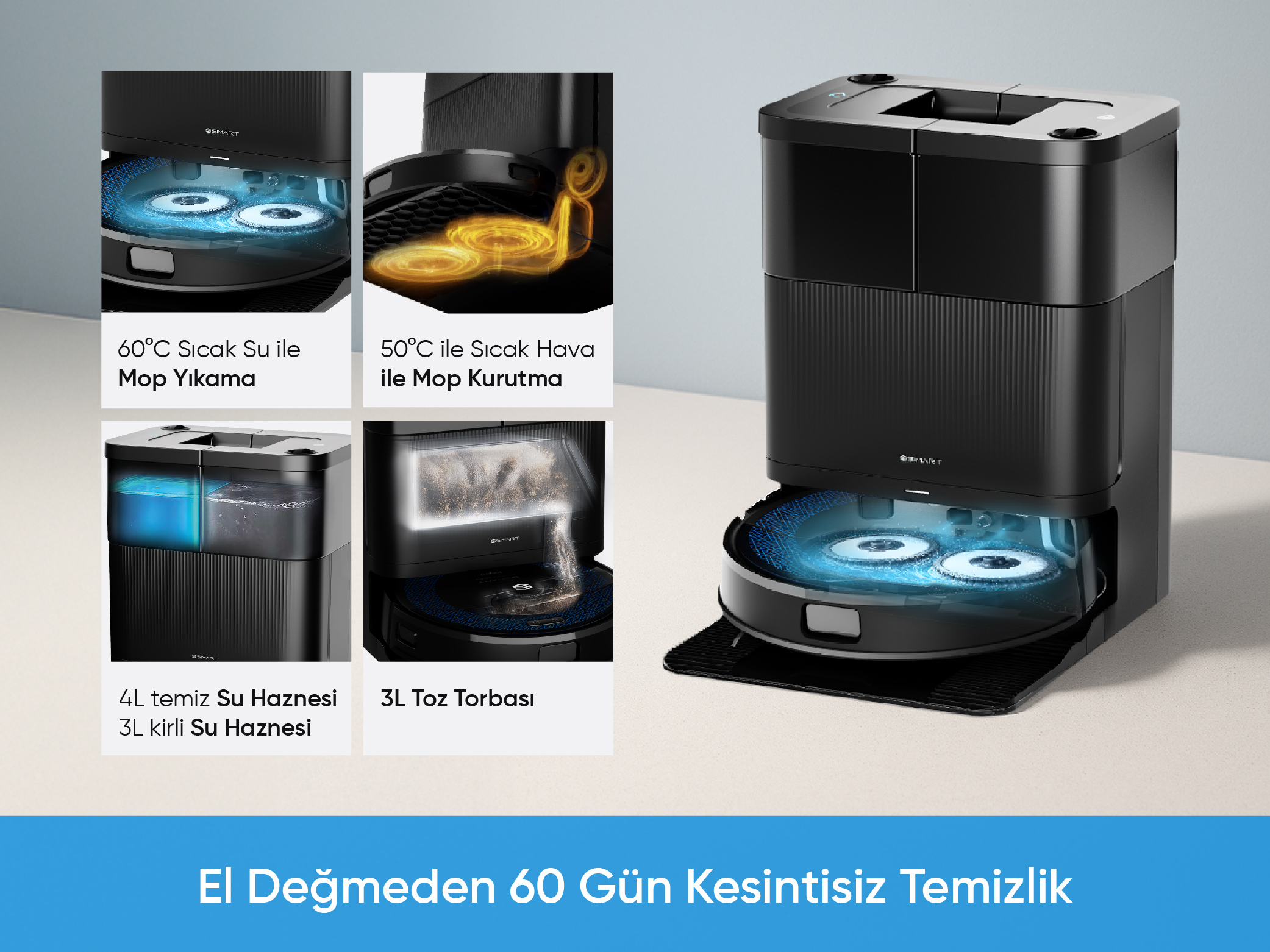 Temizleme ve kurutma özelliklerine sahip siyah bir robot süpürge. Metin, 60 günlük, el değmeden temizliği belirtir.