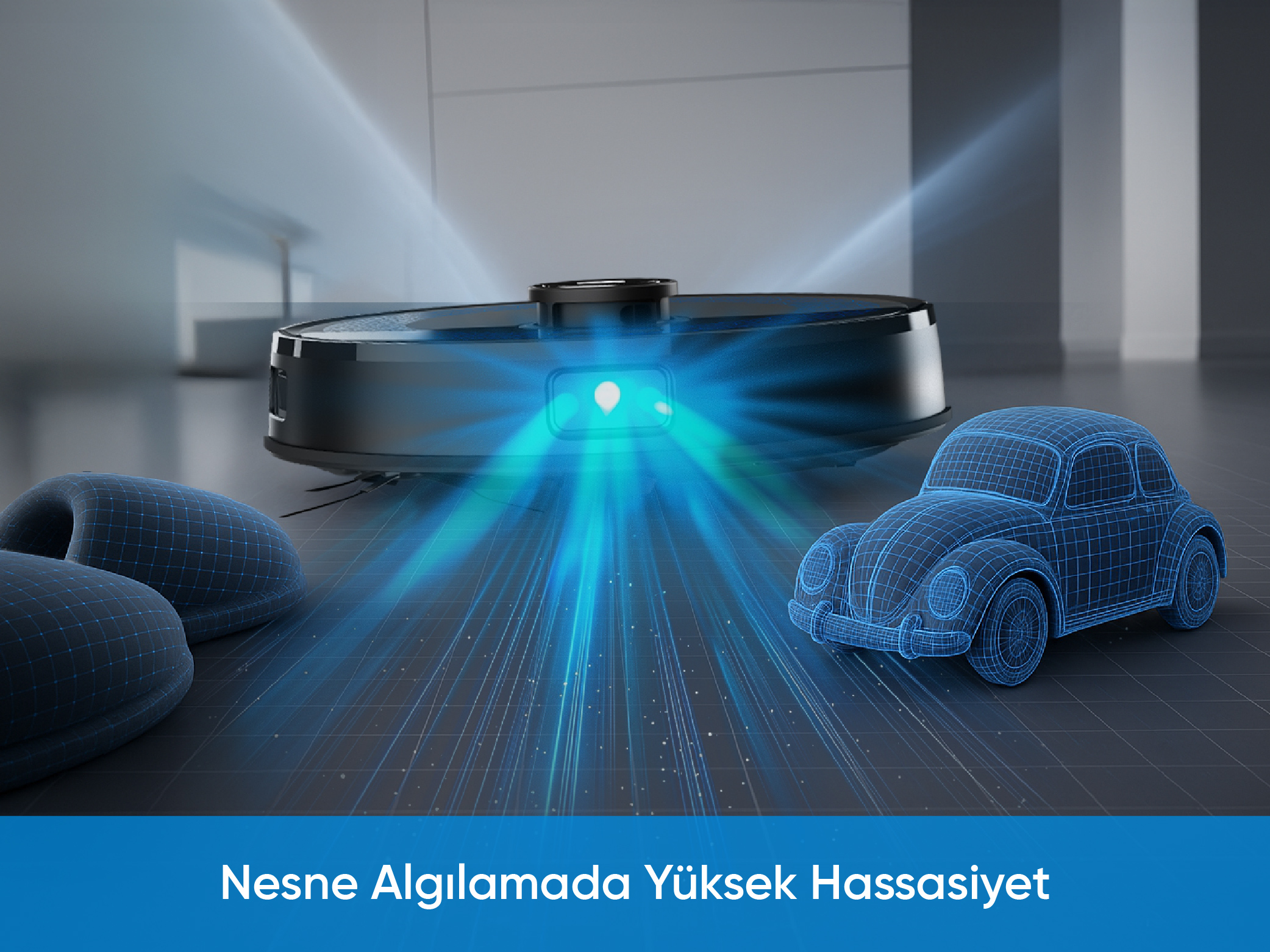 Mavi ışın demetiyle odayı tarayan bir robot süpürge. Tel kafes bir araba ve terlikler görülüyor.