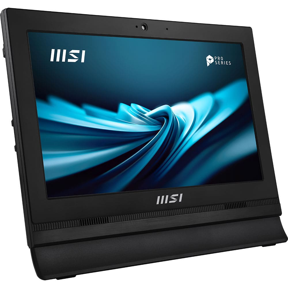 Siyah bir MSI hepsi bir arada bilgisayar. Ekran, mavi soyut bir tasarım gösteriyor. Bilgisayarda web kamerası ve MSI logosu var.