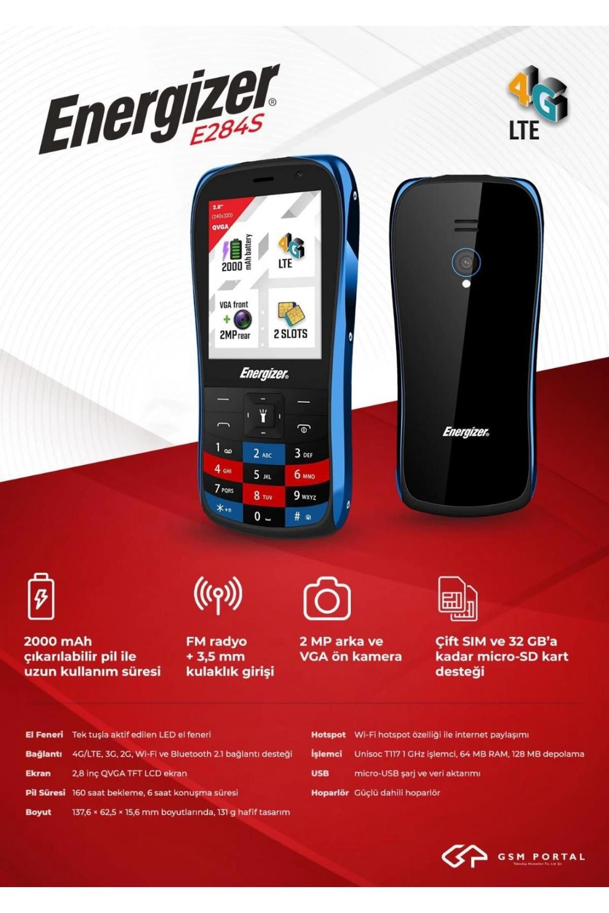 Mavi çerçeveli bir Energizer telefon. Ekranı, tuş takımı ve kamera ve FM radyo gibi özelliklerin simgeleri var.