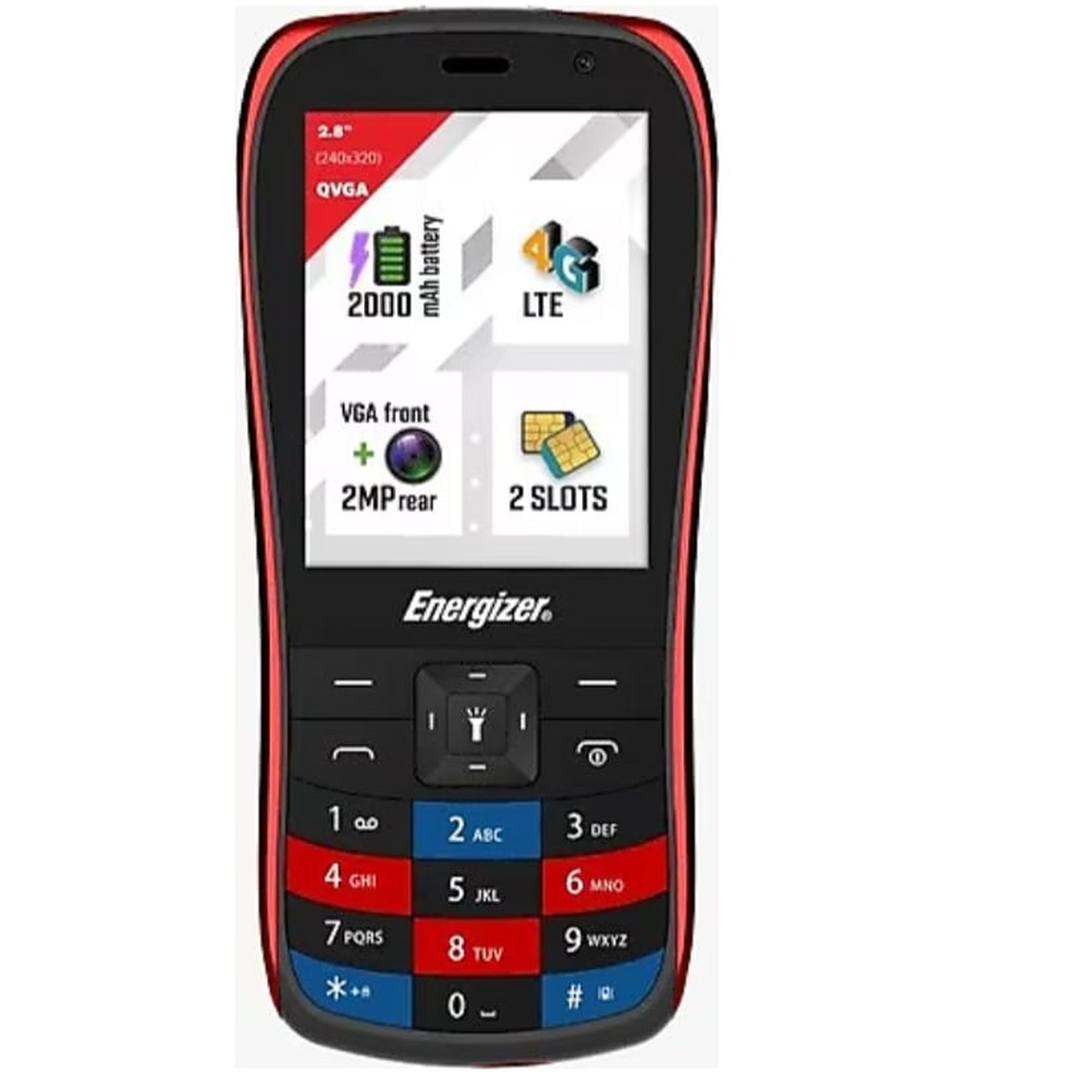 Pil, 4G ve yuva simgelerini gösteren bir ekrana sahip siyah ve kırmızı bir Energizer telefon. Sayılar ve harfler içeren bir tuş takımı var.