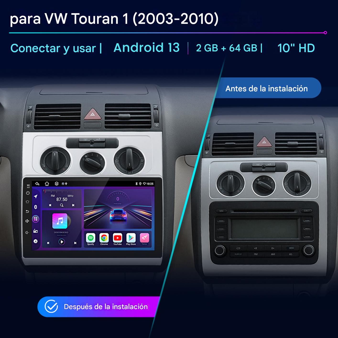 Comparación del salpicadero del coche: antes y después de la instalación. La pantalla nueva muestra radio FM y aplicaciones, reemplazando la vieja.