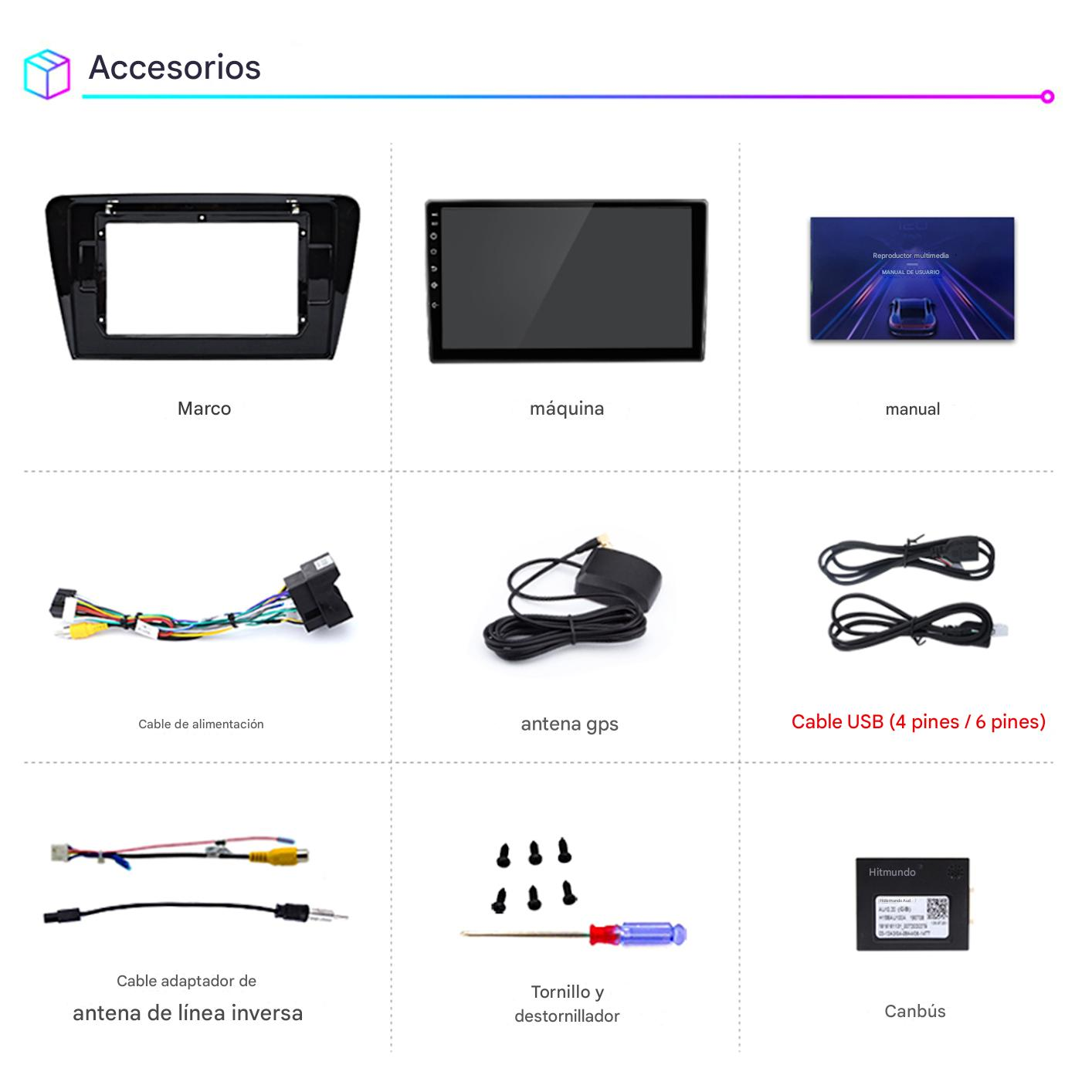 La imagen muestra accesorios para automóviles: un marco, una máquina, un manual, un cable de alimentación, una antena GPS, un cable USB, un cable de antena inversa, tornillos y un Canbus.
