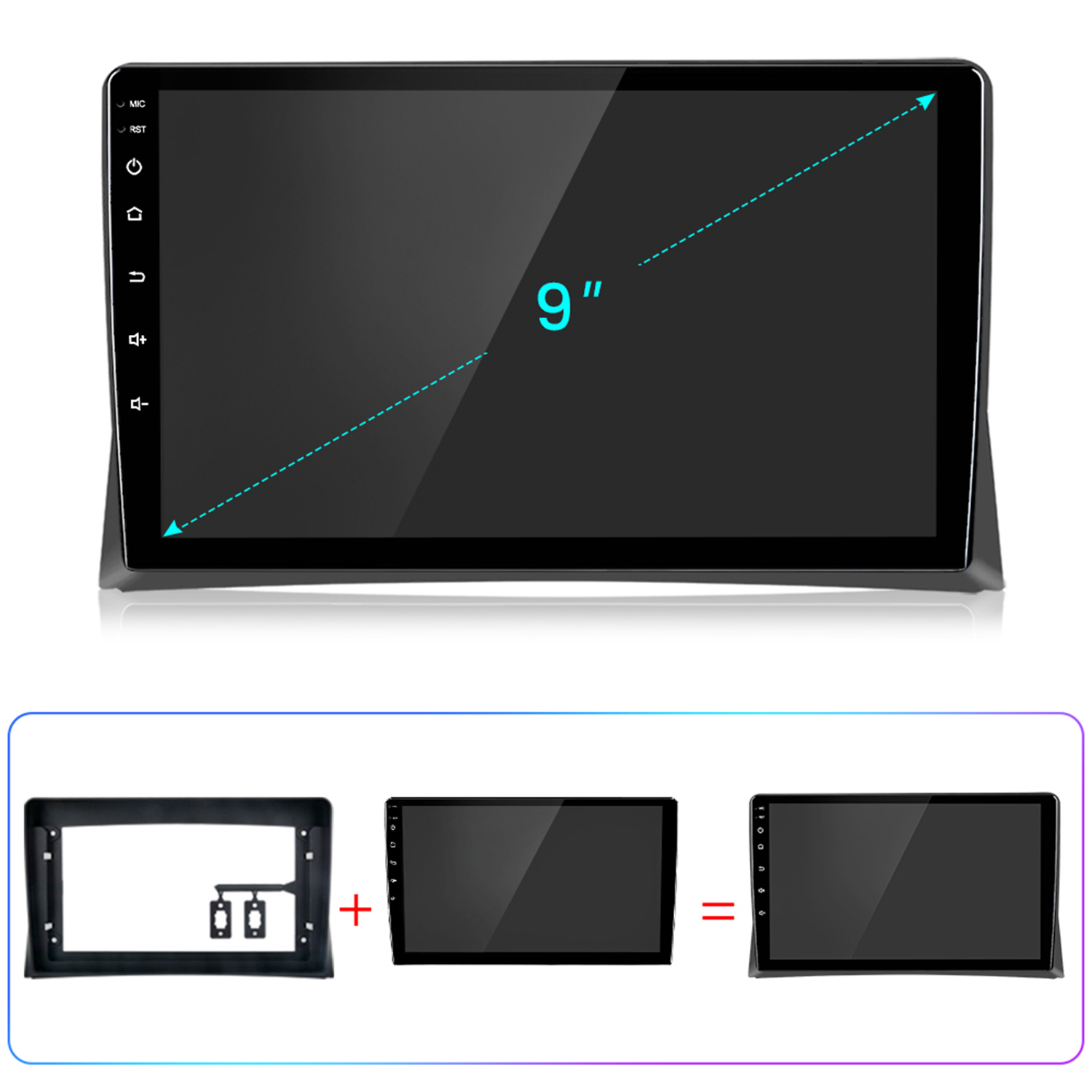 Se muestra una pantalla multimedia para automóvil de 9". Debajo, se muestran componentes: un marco, una pantalla y la pantalla ensamblada.