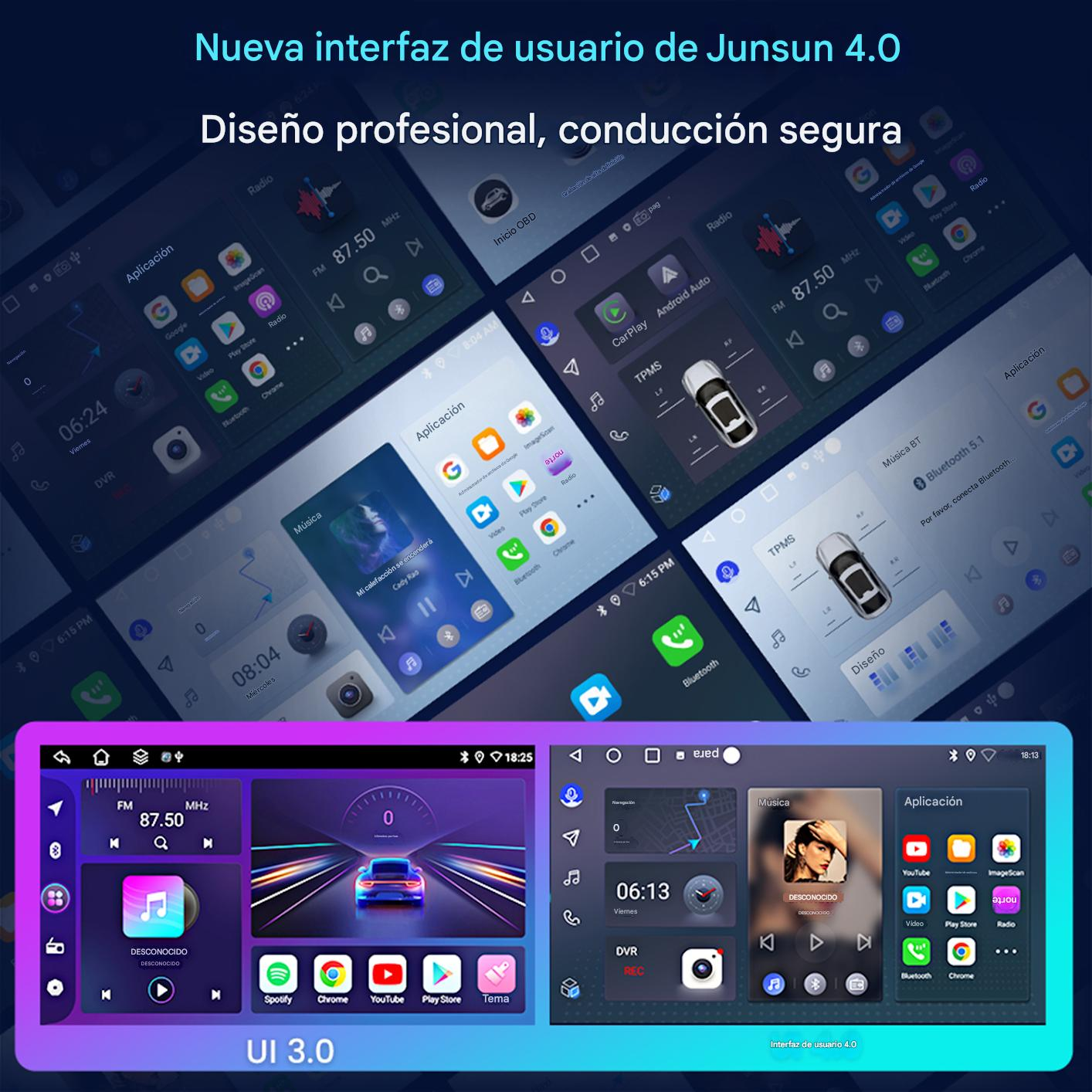 Pantalla de interfaz de coche con iconos de aplicaciones, controles de radio y pantallas de estado del coche.