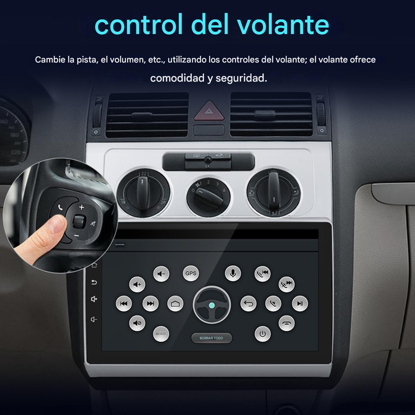 Panel del coche con pantalla táctil, rejillas de ventilación y controles del volante. Un dedo presiona un botón del volante.