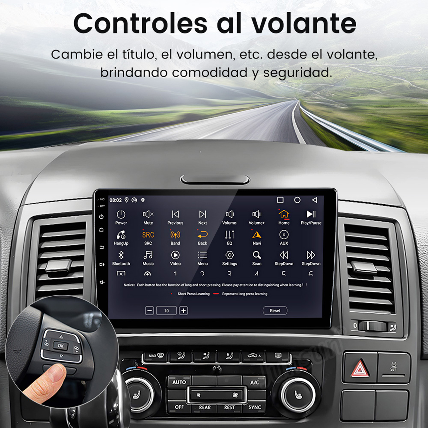 Panel del coche con pantalla táctil, controles del volante y carretera de fondo.