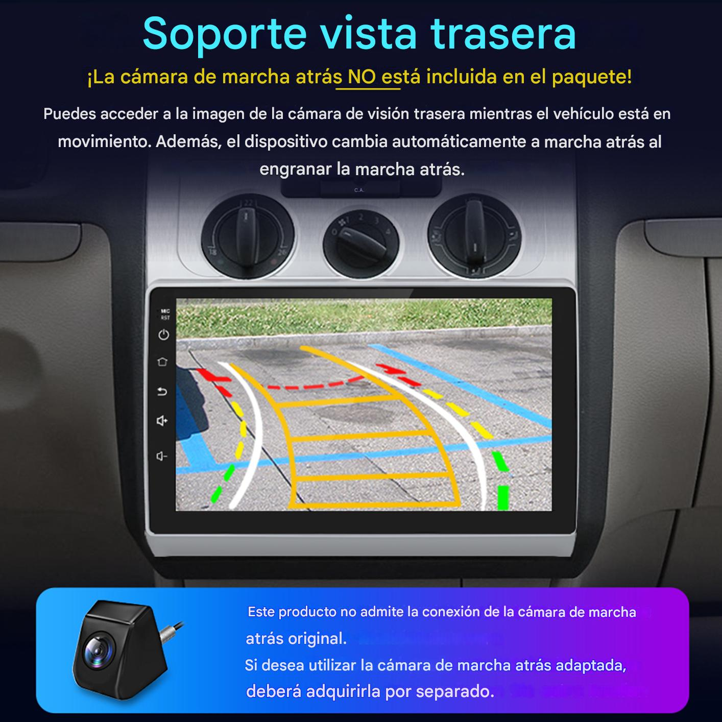 Panel del automóvil que muestra la vista de la cámara de marcha atrás. Incluye una cámara y texto en español. La cámara no está incluida.
