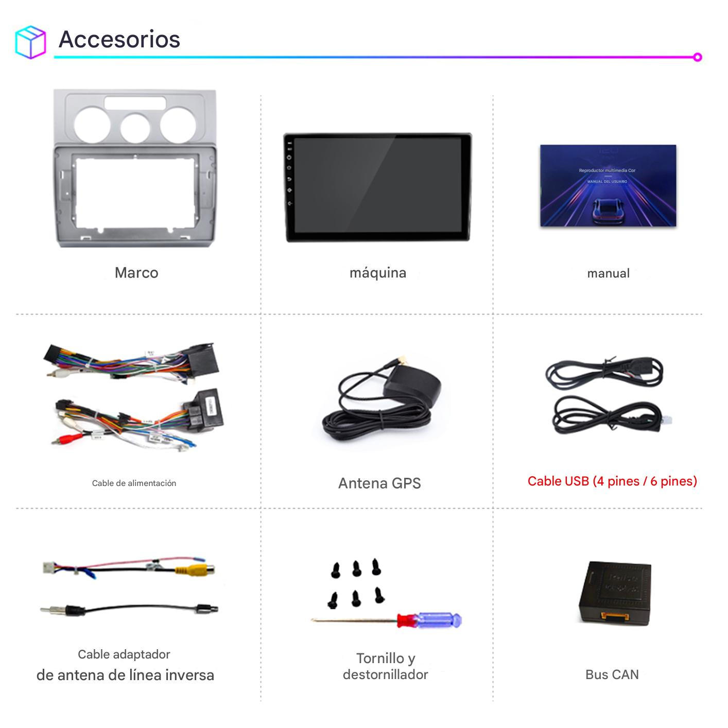 La imagen muestra accesorios para automóviles. Los elementos incluyen un marco, una pantalla, un manual, cables, antena GPS, cable USB, cable adaptador, tornillos y un bus CAN.