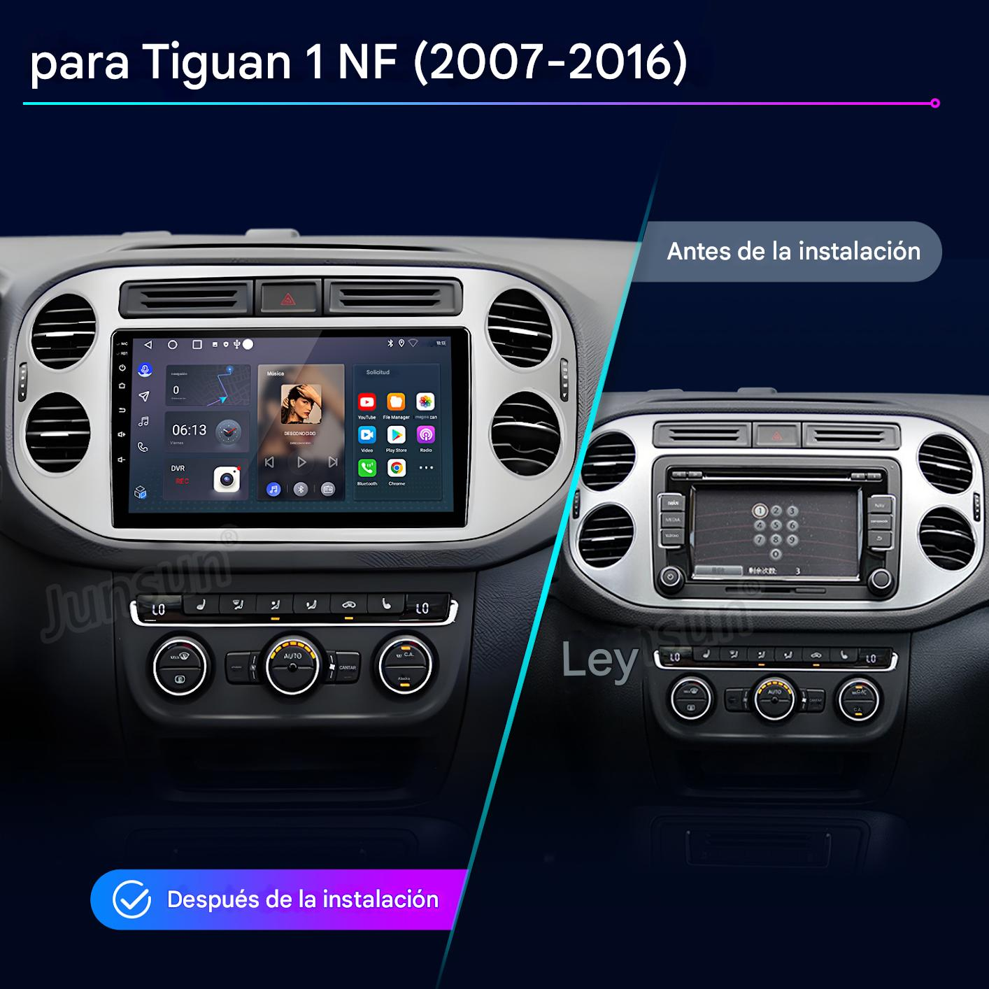 Panel de coche que muestra antes y después de instalar un nuevo sistema de infoentretenimiento. La izquierda muestra la nueva pantalla.